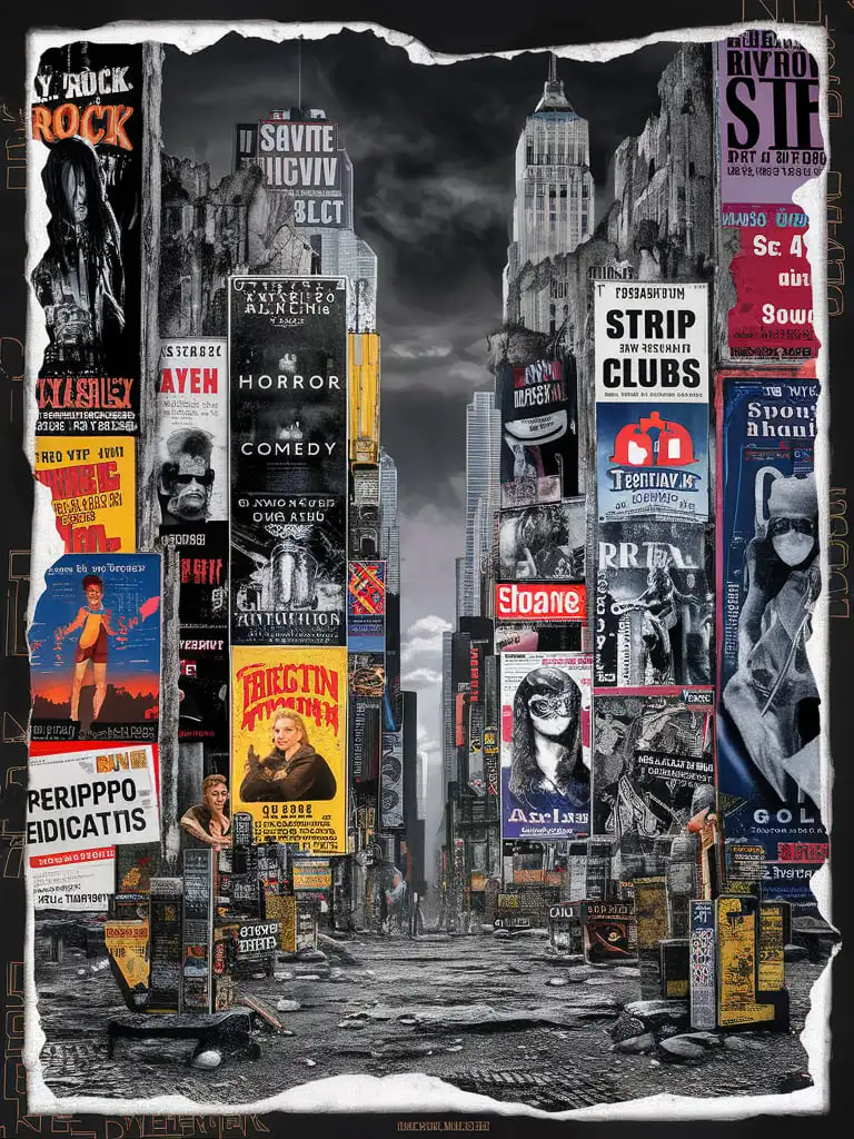 1980s Times Square Collage Rock n Roll Concerts Movie Genres and Dystopian Elements