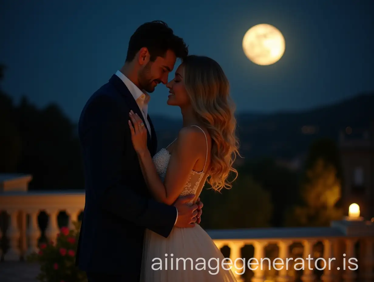 Romantic-Couple-Embracing-Under-Full-Moon-in-Luminous-Castle-Garden