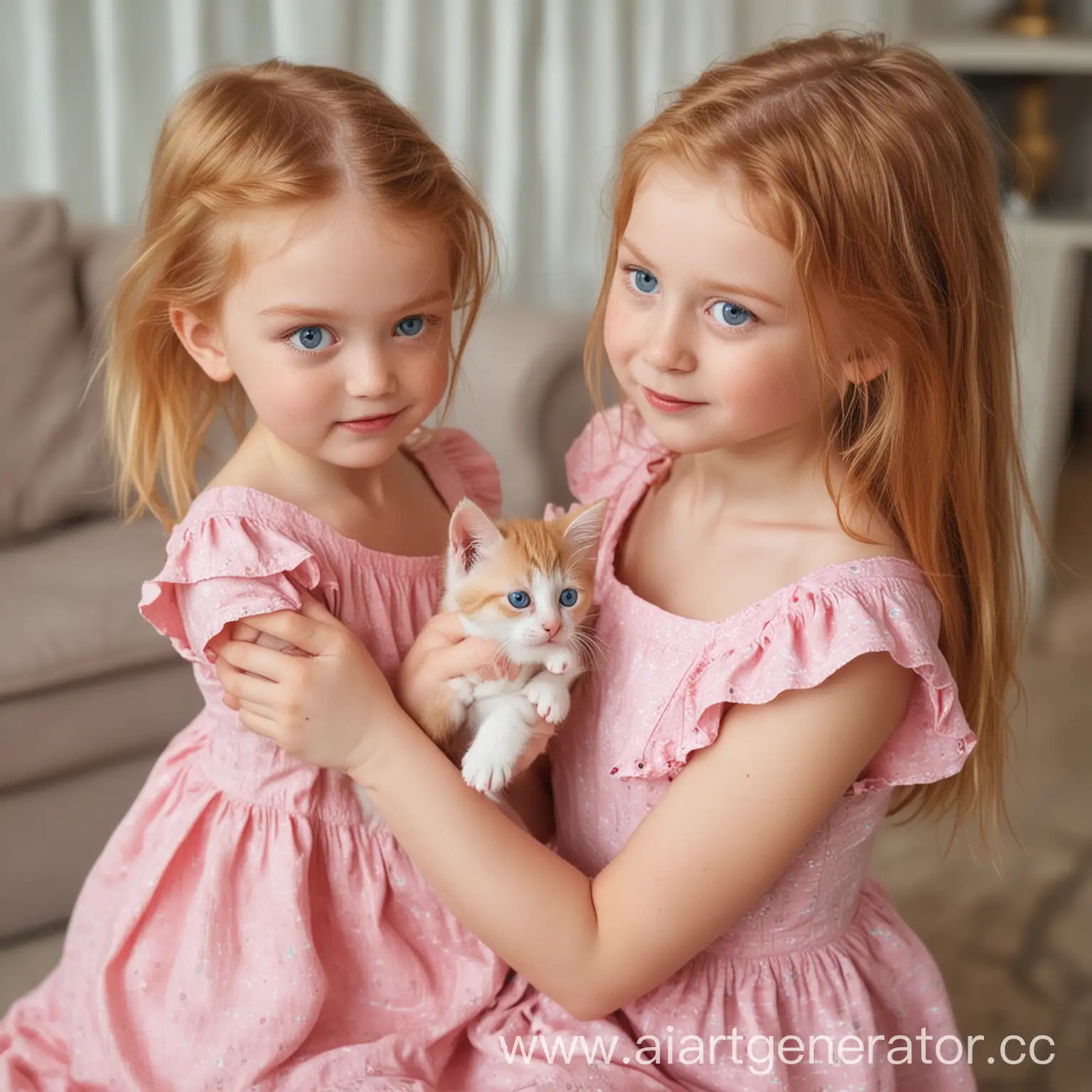 Girl-with-Fair-Hair-in-Pink-Dress-Playing-with-Ginger-Kitten-in-Living-Room