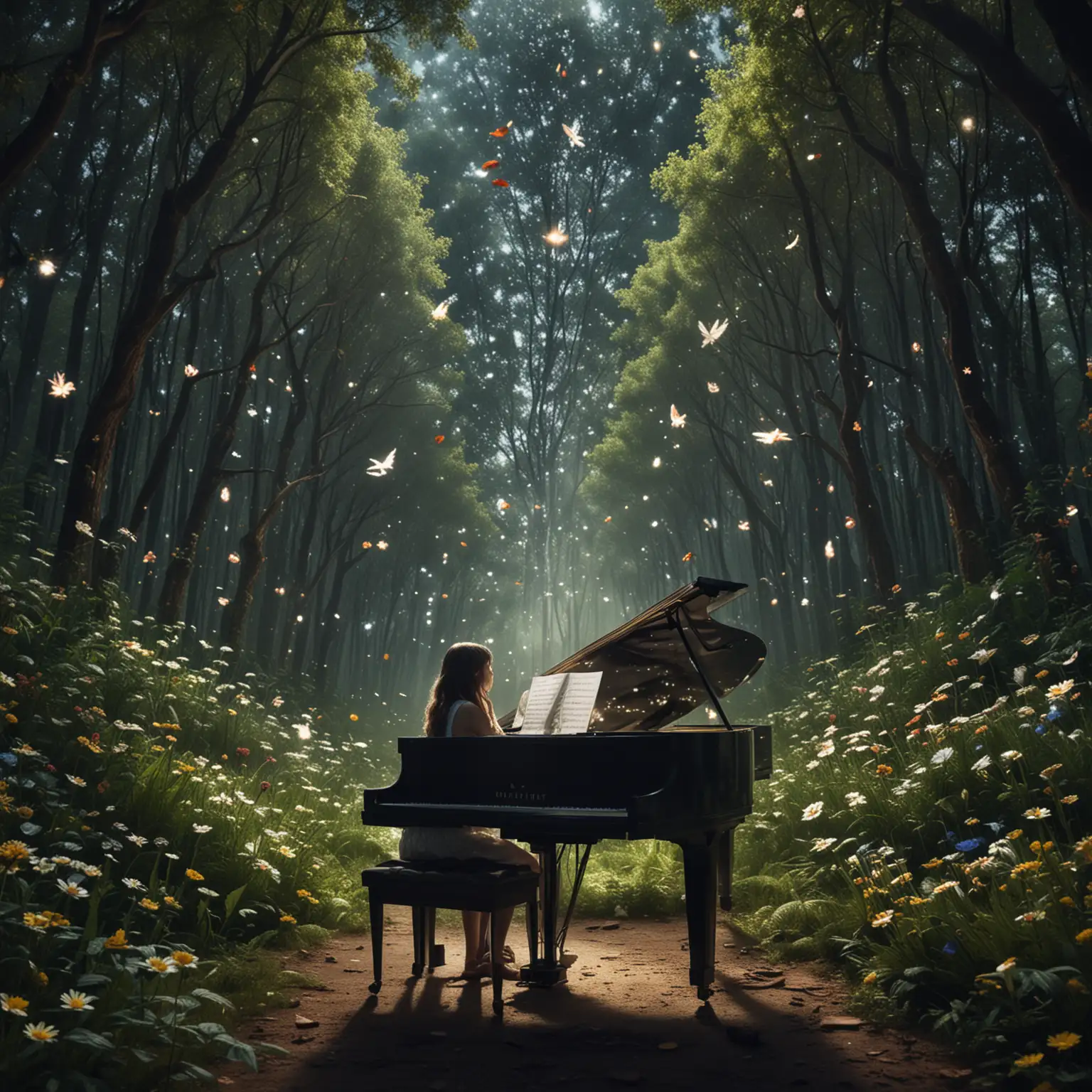 Young-Woman-Playing-Piano-in-a-Fantastical-Forest-or-Outer-Space