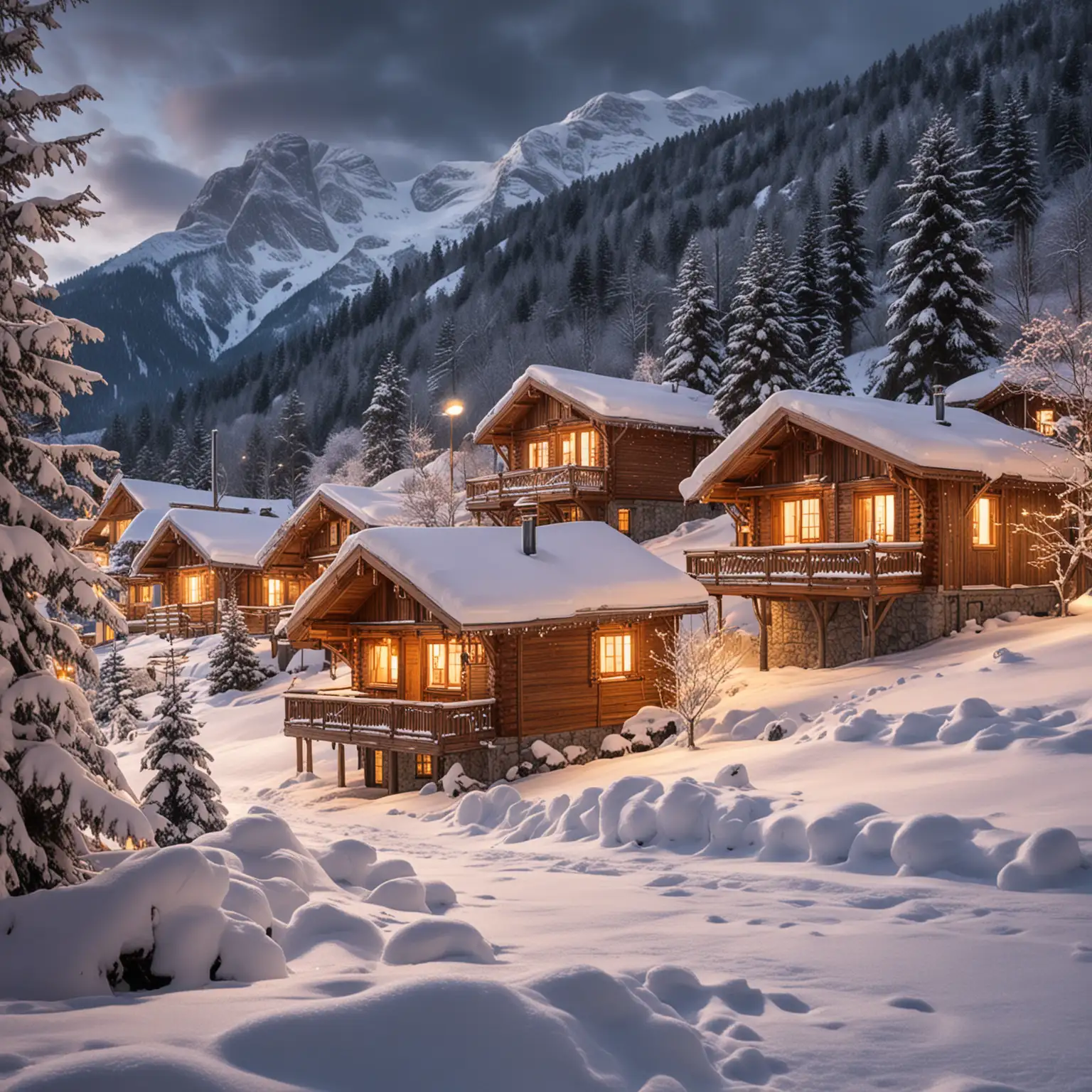 A picturesque winter scene featuring cozy wooden chalets illuminated by warm lights, nestled in a snowy landscape. Trees are blanketed in snow, and the backdrop includes majestic mountains, partially shrouded in clouds. Soft snowflakes cover the ground, creating a tranquil, wintry atmosphere.
