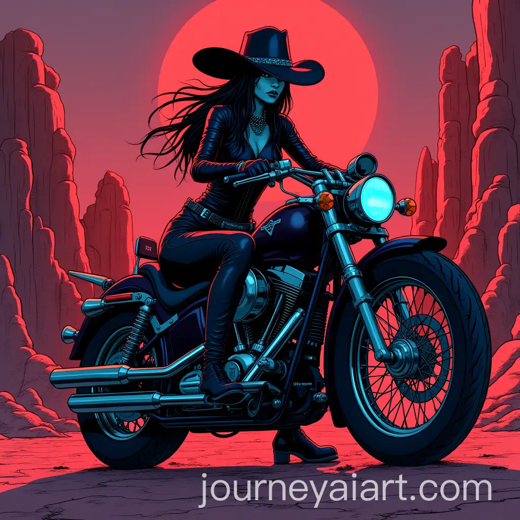 Dark-Princess-Warlord-Riding-Chopper-Motorcycle-in-Fluorescent-Canyons