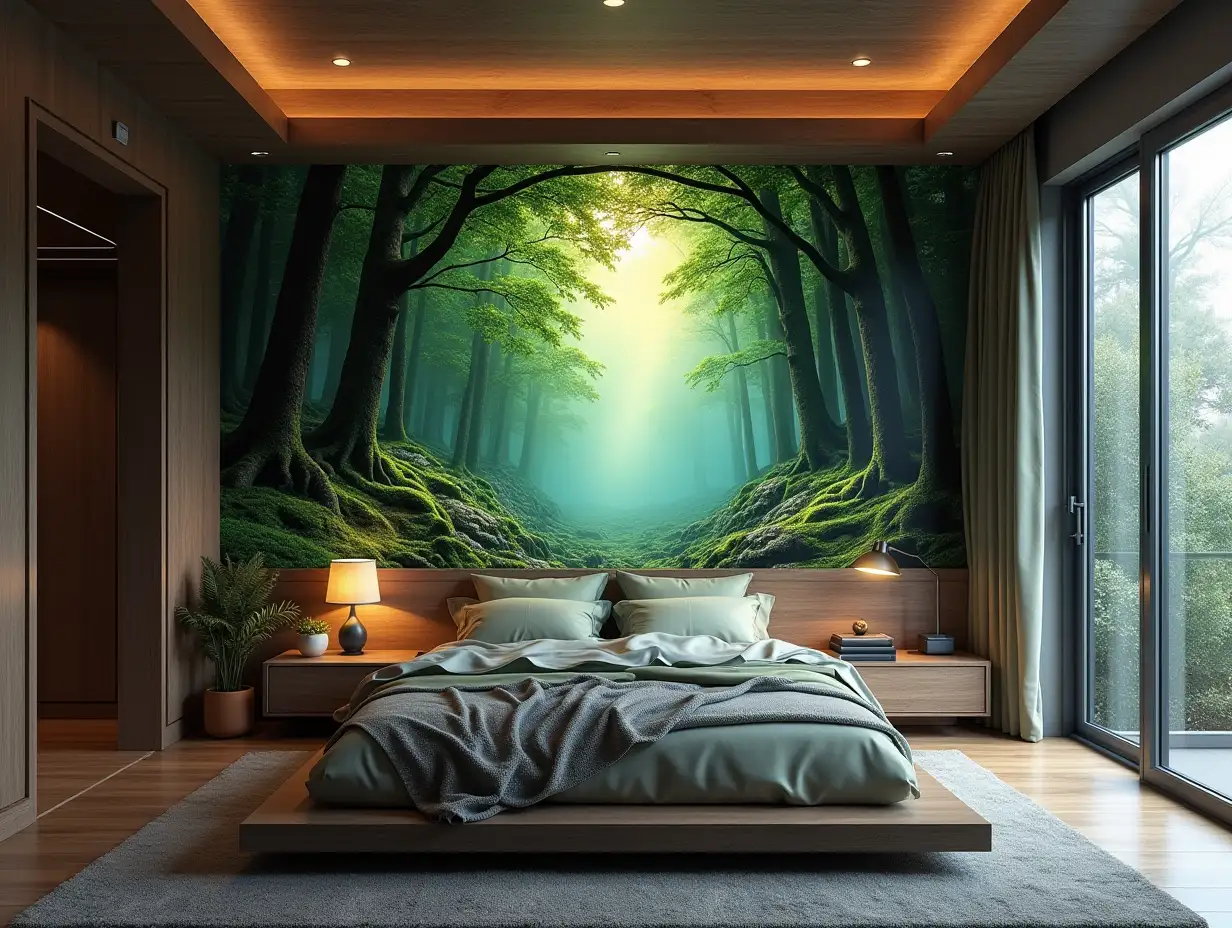 A portal to a mythical forest on the wall of my large, modern bedroom 8K resolution Colorful