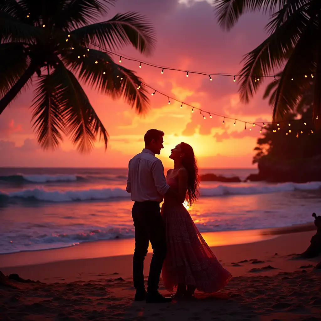 A vibrant tropical beach at sunset, with a Mexican couple dancing closely on the sand. The ocean reflects the glowing hues of orange, pink, and purple from the sky. Palm trees sway gently in the breeze, and soft string lights illuminate the scene. The atmosphere is alive with energy, joy, and tropical warmth.