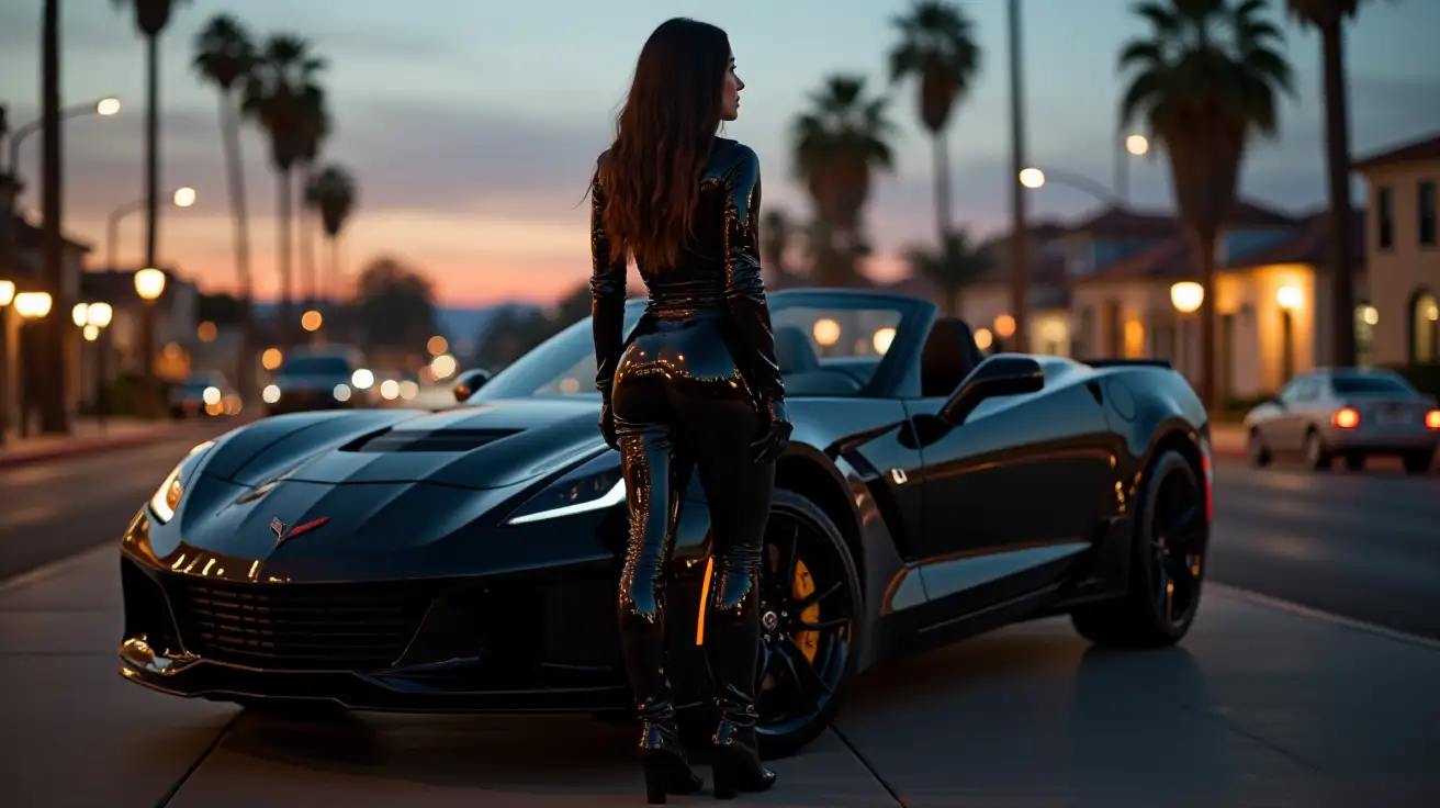 realistic photo, woman standing next to corvette stingray 63 , wearing black shinny pvc jumpsuit , black shiny pvc jacket , wearing black shinny pvc thigh high boots , black shinny pvc long gloves , in californian street at dusk