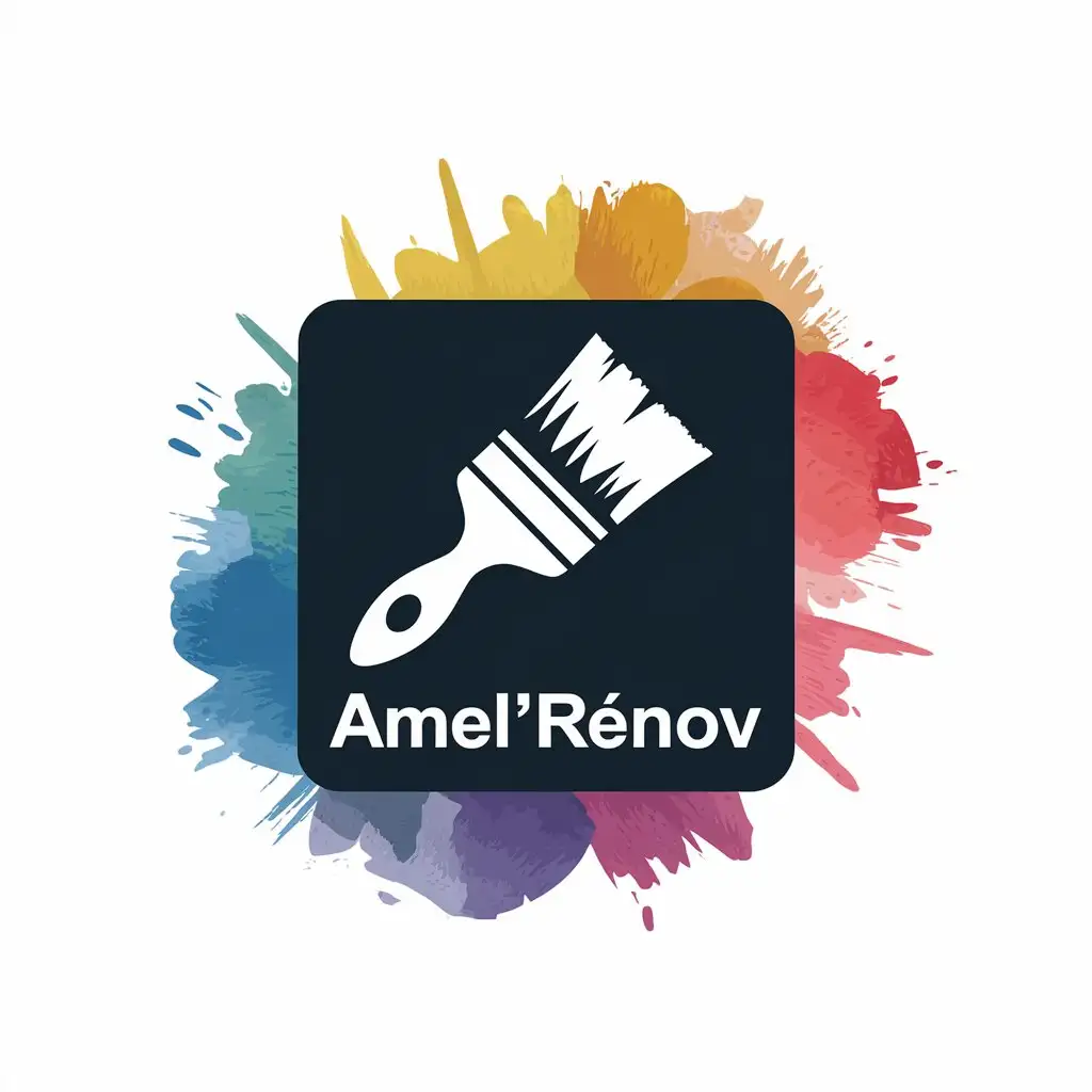 a vector logo design,with the text "Amel'rénov", main symbol:Paintbrush filled with paint, in a black square, background in colored watercolor,Moderate,be used in Construction industry,clear background