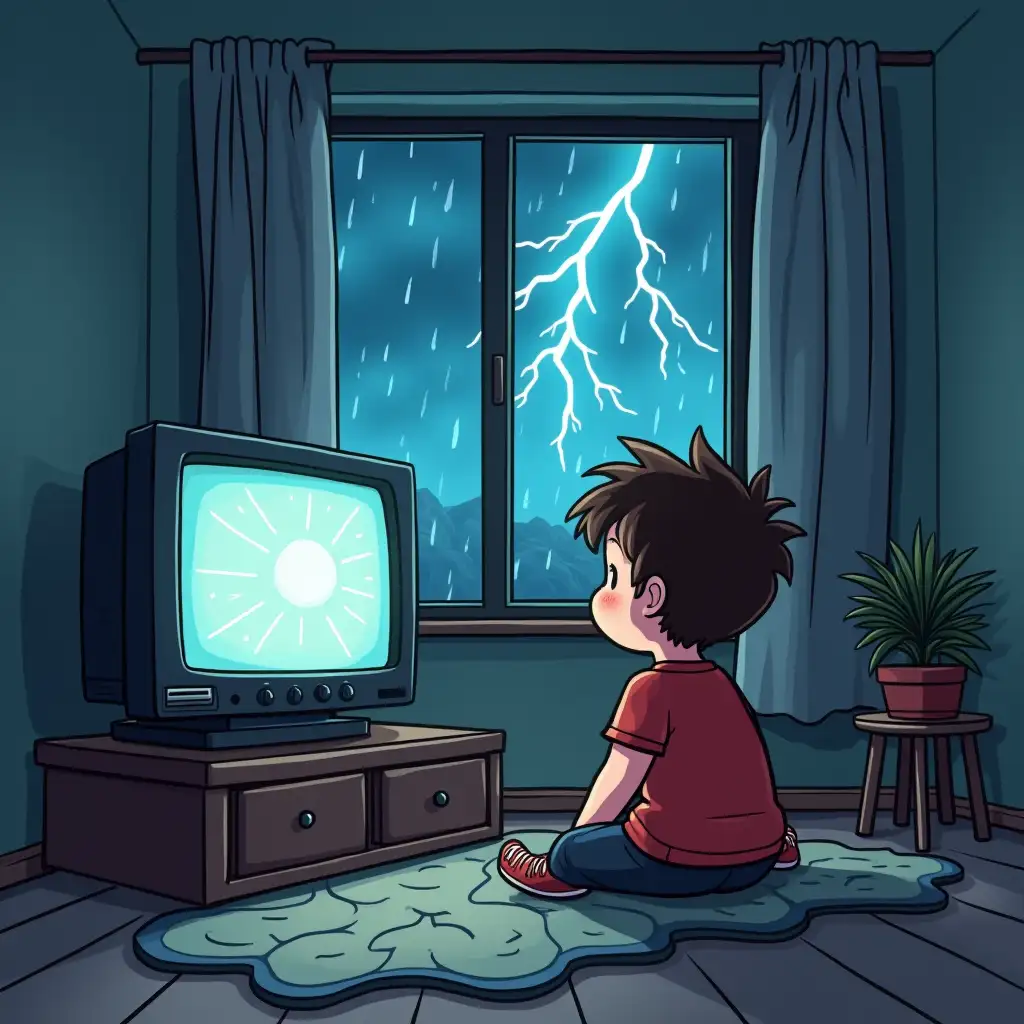 a cartoon of a small child watching tv for educational programs with a window showing bad weather outside such as lightning and rain, but no electricity