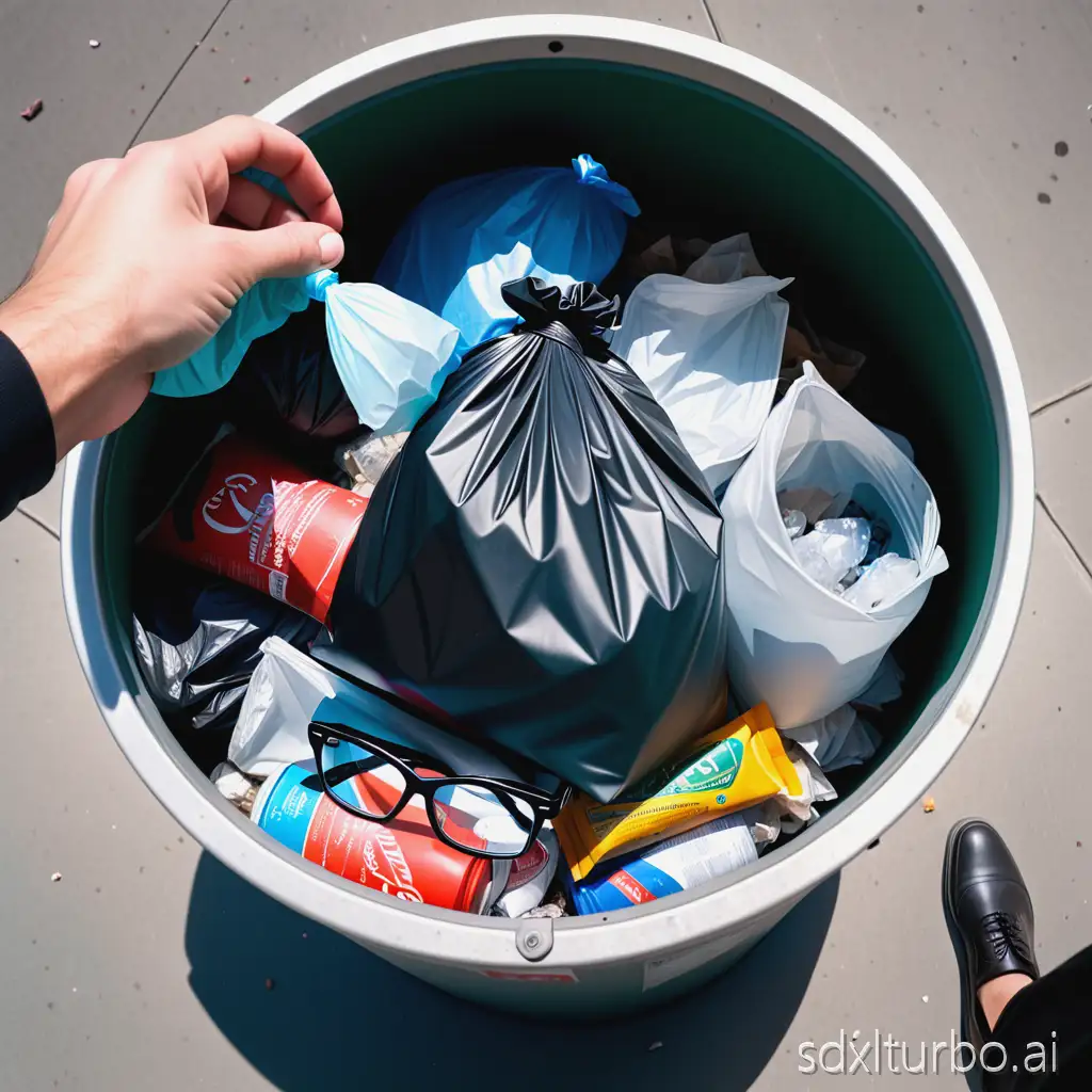 egocentric view, captured from meta raybans glasses, the user is taking trash bag out of trash can.
