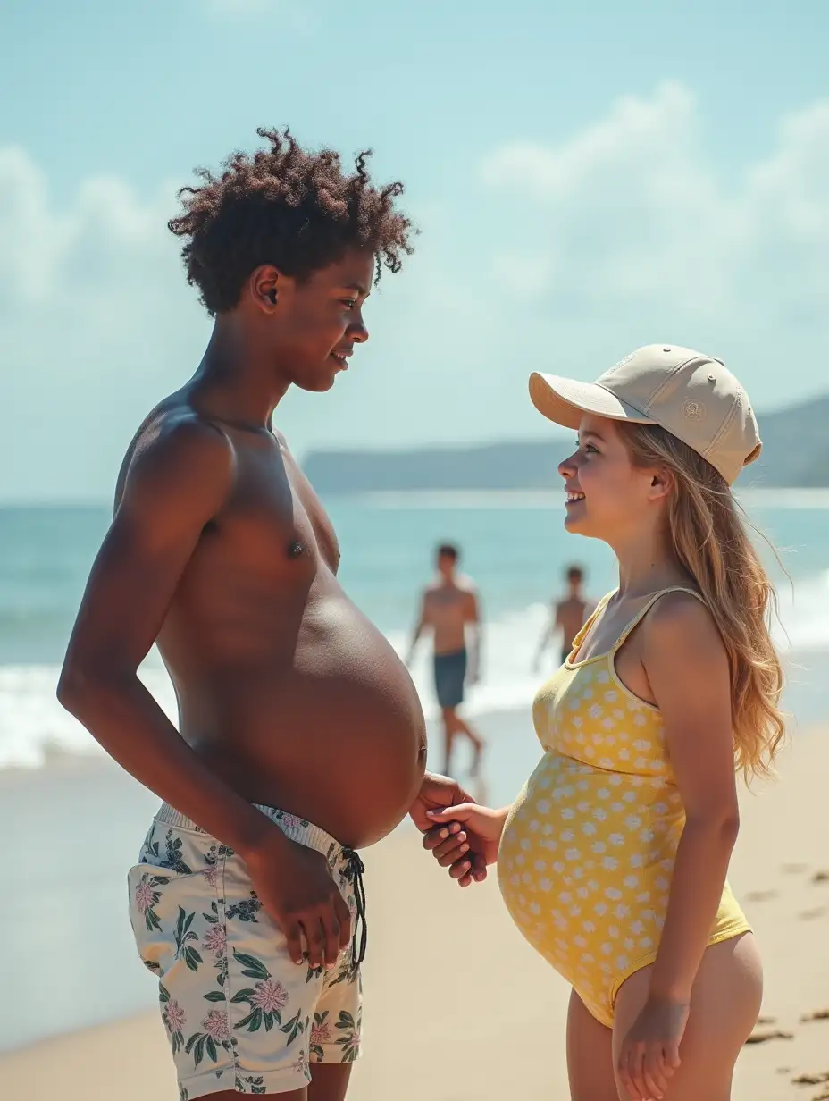 Young-Surfer-Boy-Inflating-Belly-with-Air-Pump-on-Beach-Holding-Younger-Sisters-Hand