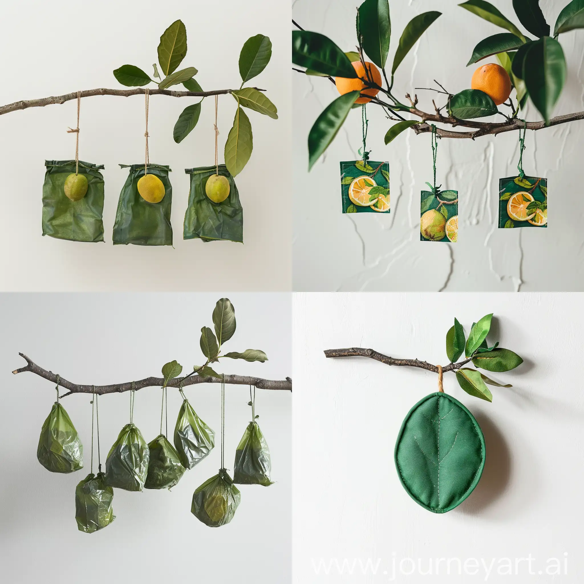 Green-Patched-Patches-Hanging-on-Branch-Against-White-Studio-Wall