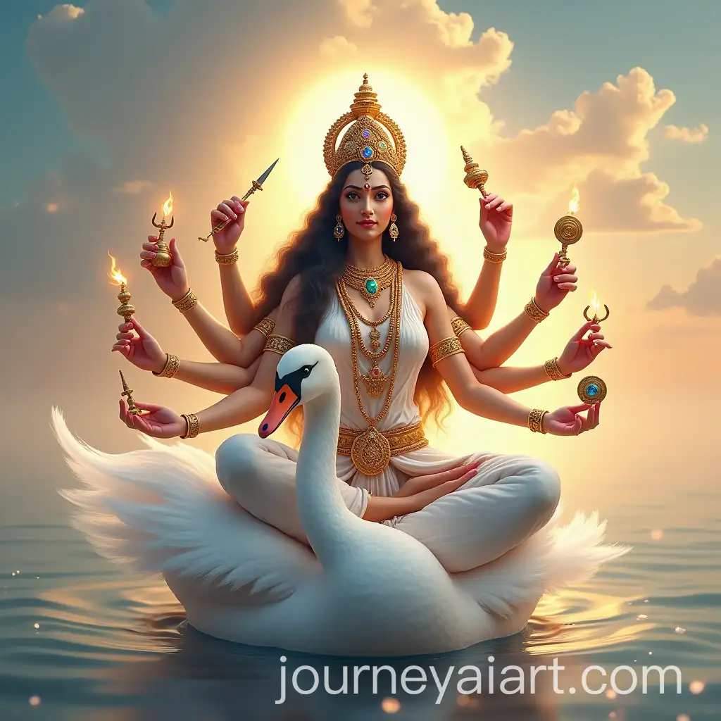Goddess-Gayatri-on-Majestic-Swan-with-Divine-Attributes-in-Vedic-Style