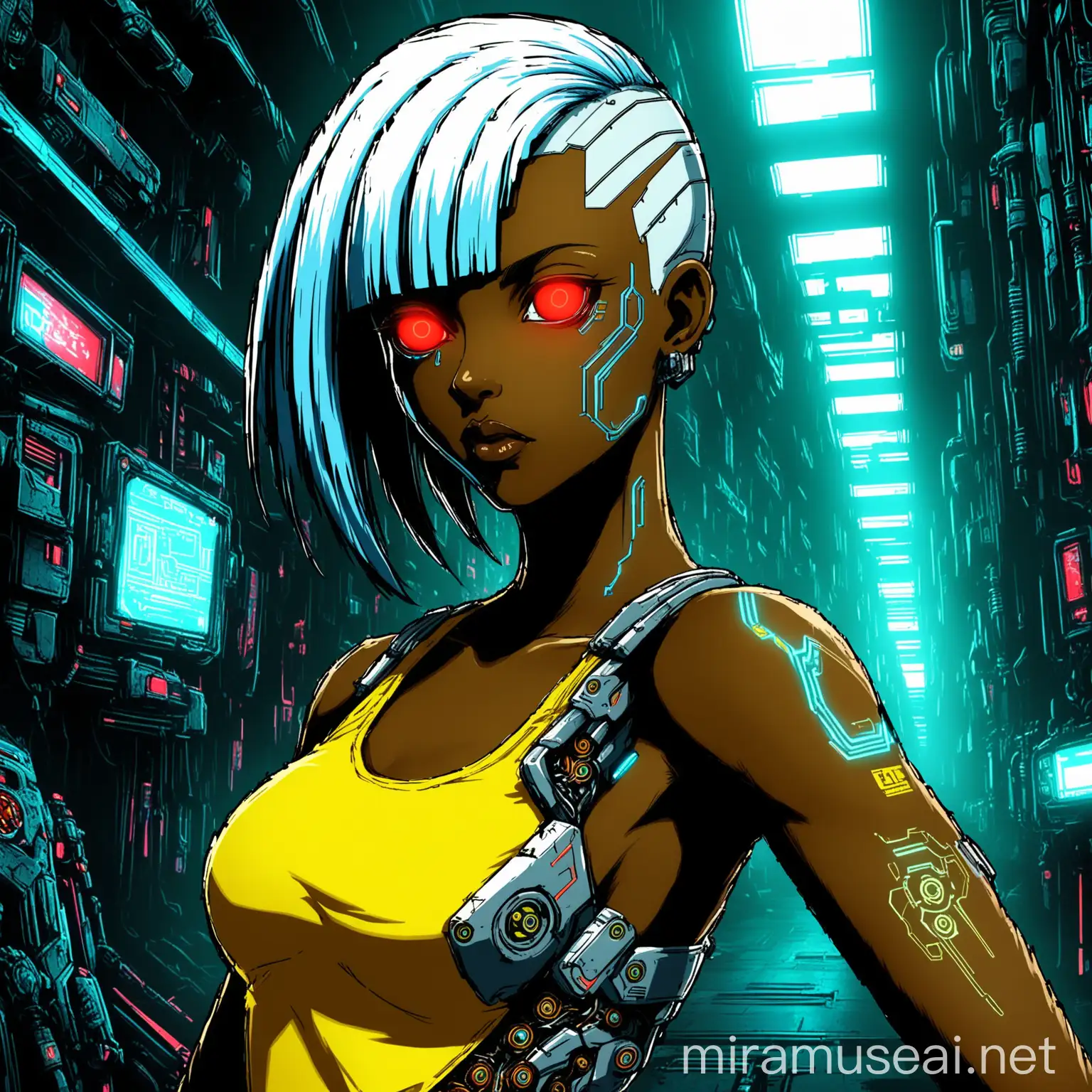 Brazilian Darkskin Cyberpunk Woman with Custom Cybernetic Eye and Mechanic Hand in Dynamic Pose