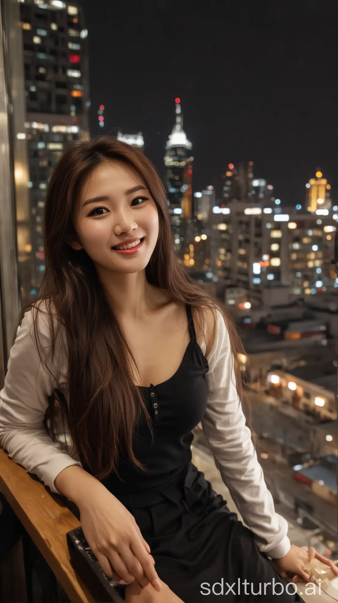 Beautiful-Chinese-Woman-in-Winter-Night-at-HighRise-Restaurant-with-City-View