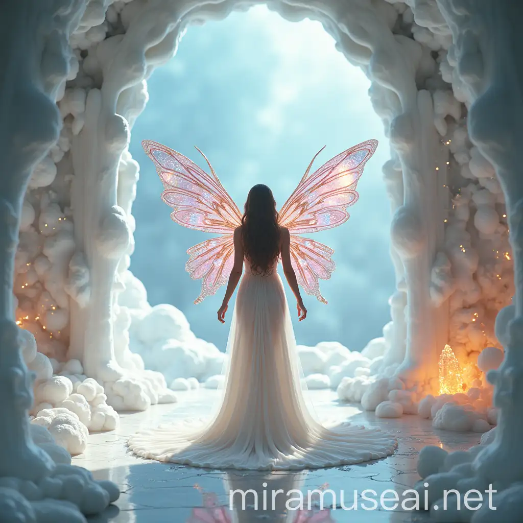 Fairy with wings in a galactic temple with large sparkling iridescent crystals in a bright white room