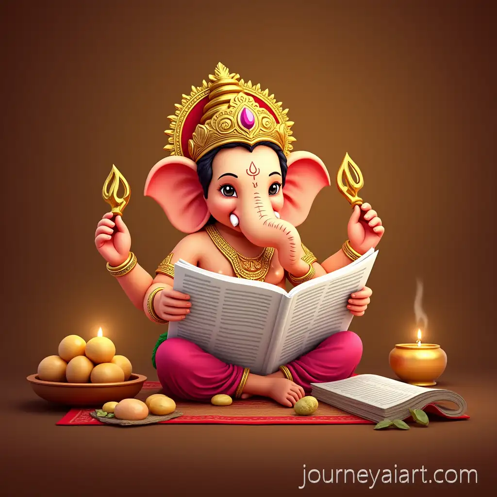 Lord-Ganesha-reading-newspaperLord-Ganesha-Reading-Newspaper-in-Traditional-Festive-Setting-with-Golden-Crown