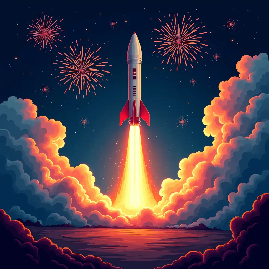 Generate a pop art illustration of a rocket launching from its base.  The ground around the launchpad is obscured by a swirling cloud of rocket exhaust, depicted in vibrant, contrasting colors.  The scene is viewed from a high angle, looking down.  A celebratory fireworks display adds sparkling lights and dynamic energy to the composition.