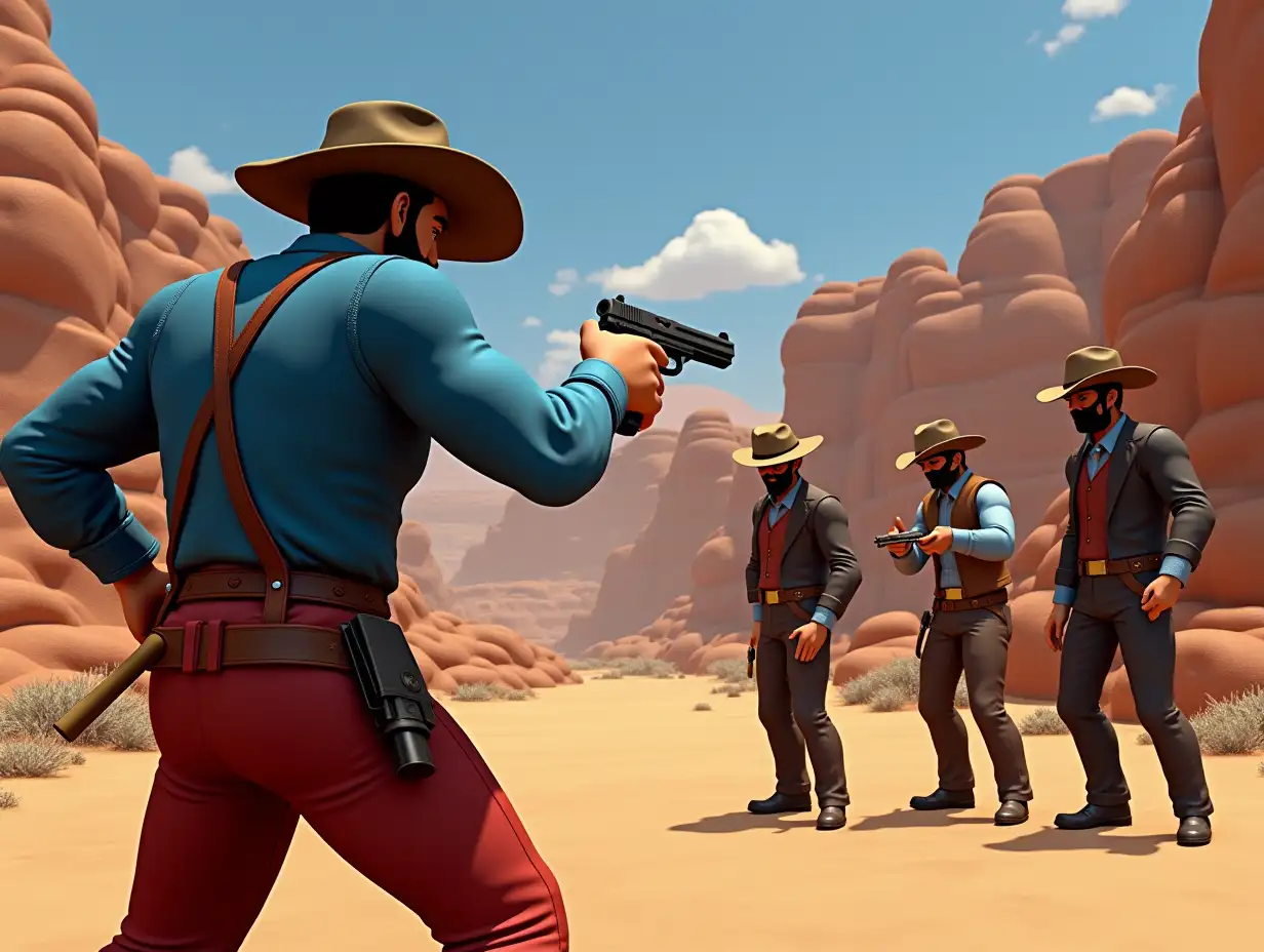 1990s 3D ps1 styled Gameplay screenshot for PlayStation featuring a 3D polygonal characters models of a cowboy in a hat blue long sleeve dress shirt red long pants holster fights masked bandits in desert while scared woman watches In the back 1990s 3D polygonal style video game 3rd person fighting game 3rd person 3D Beat em up 1990s graphics retro style game 3D 3rd person survival horror game 3d 1990s PlayStation one Graphics old graphics