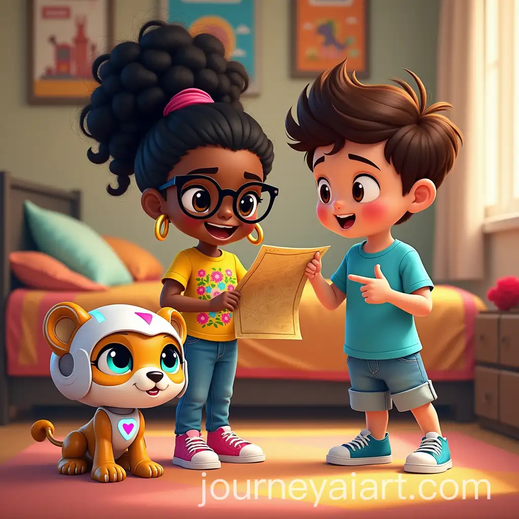 Excited-Kids-and-Robot-Lion-Packing-for-Adventure-in-a-Colorful-Bedroom
