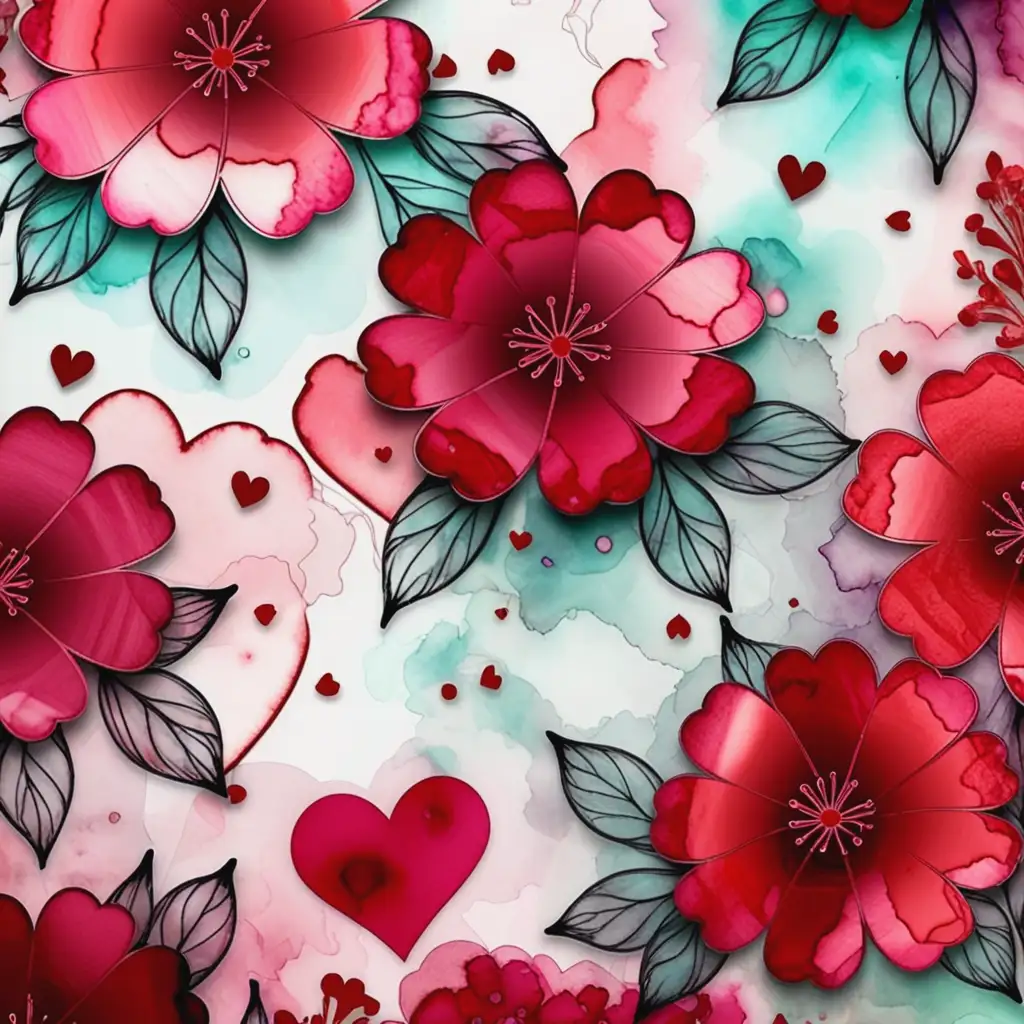 Valentines Day Scrapbook Paper with Alcohol Ink Background and Red Floral Design