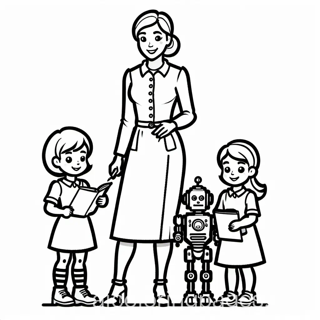 a woman who is teacher with a robot and children, Coloring Page, black and white, line art, white background, Simplicity, Ample White Space