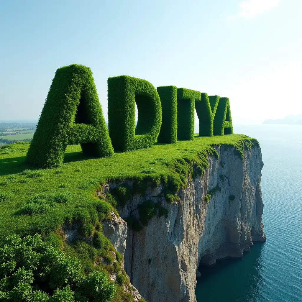 The words  Aditya  made of green grown in the style of hedge letters stands on a high cliff by the sea