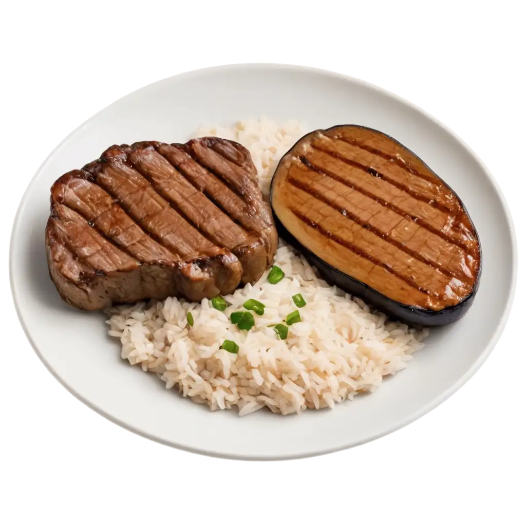 Delicious-White-Plate-with-Steak-Rice-and-Eggplant-PNG-Image