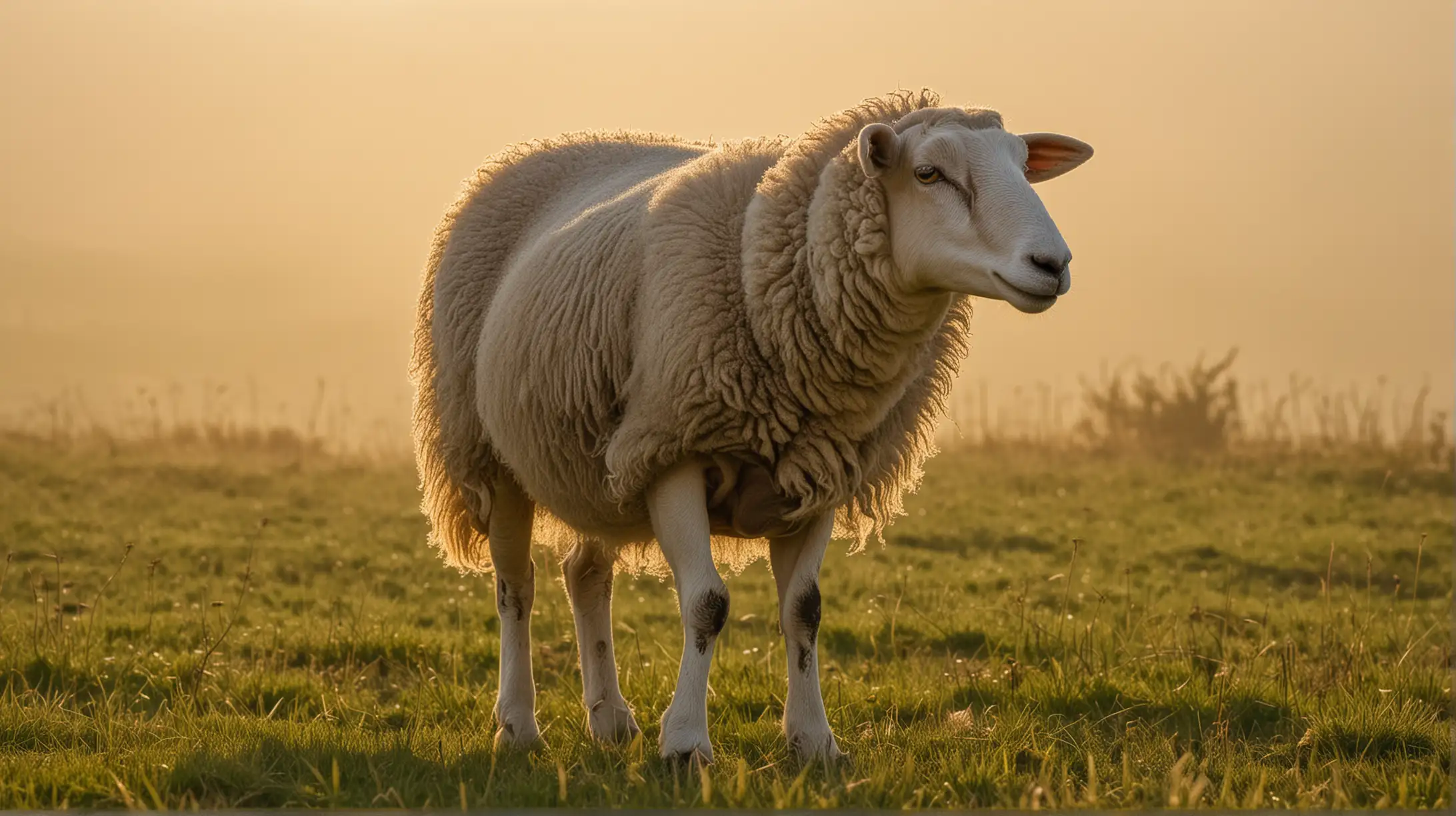 Sheep Grazing in Golden Meadow Under Hazy Sky