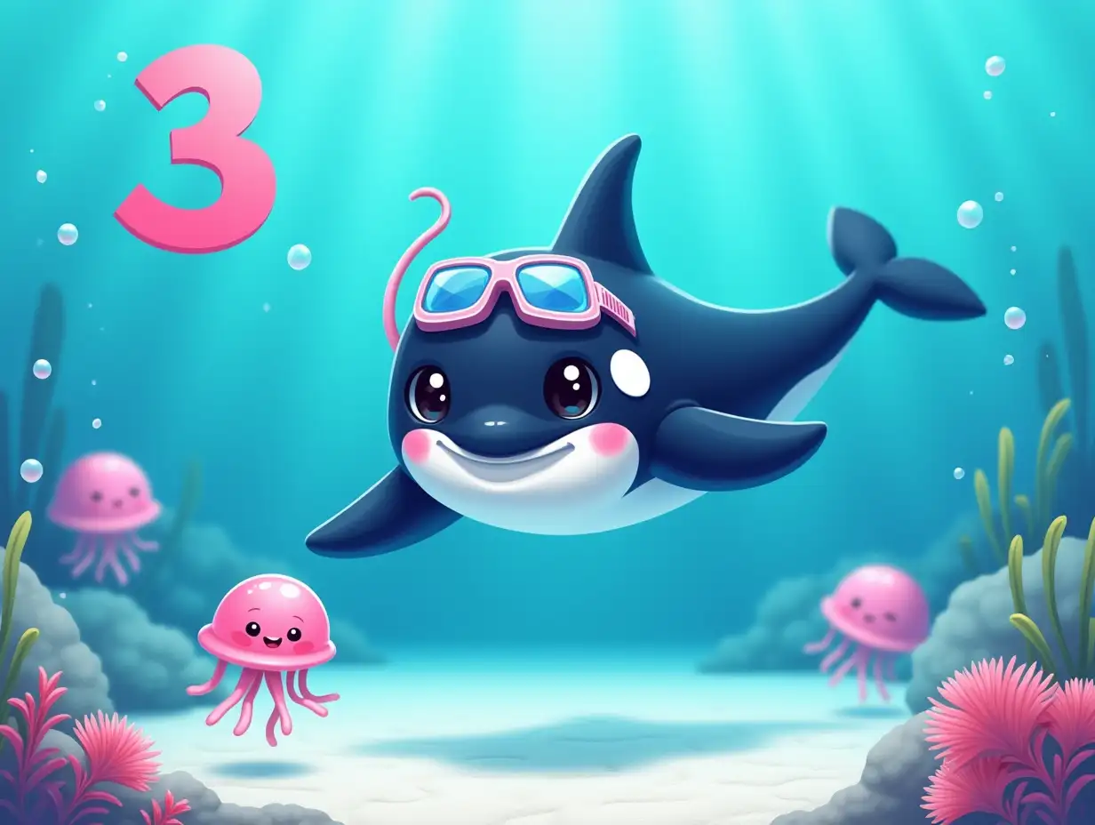 happy baby orca swimming above white sand sea floor, looking straight ahead wearing a diver's mask, quantity of  three 3 pink smiling jelly fish, sea grass, ocean blue background with bubbles, drae large number 3 symbol in pink in top[ left hand corner