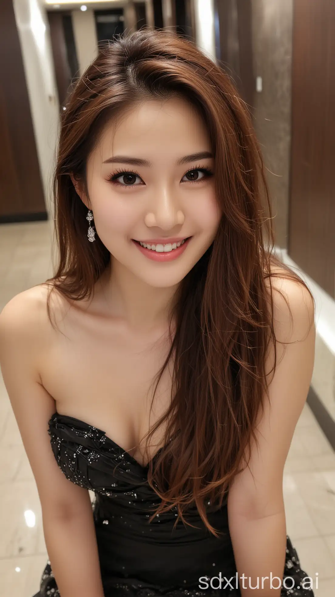 Chinese-Beauty-in-Black-Evening-Dress-Smiling-in-Hotel-Lobby-at-Night