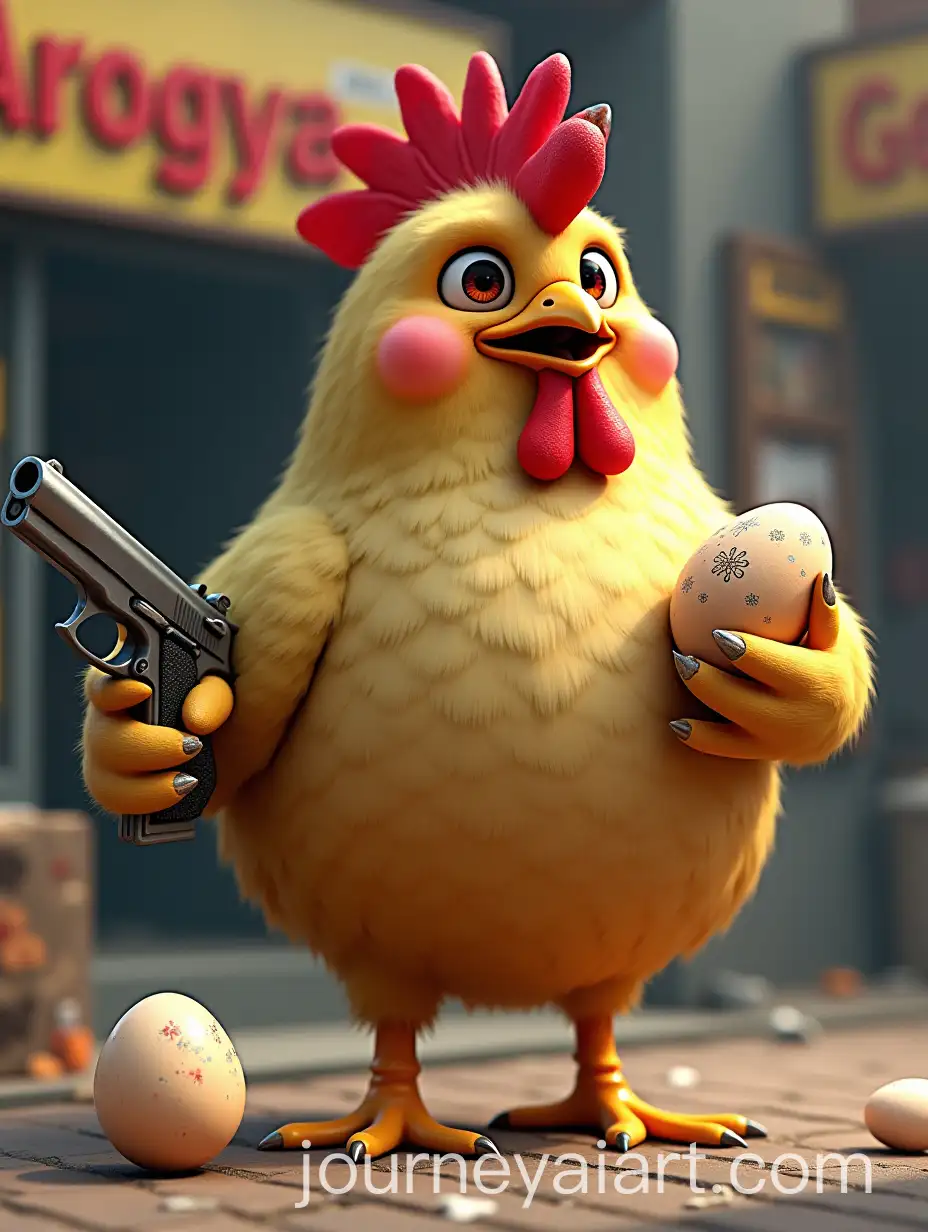 Large-Chicken-Holding-Gun-and-Laying-Eggs-in-Front-of-Arogya-Shop
