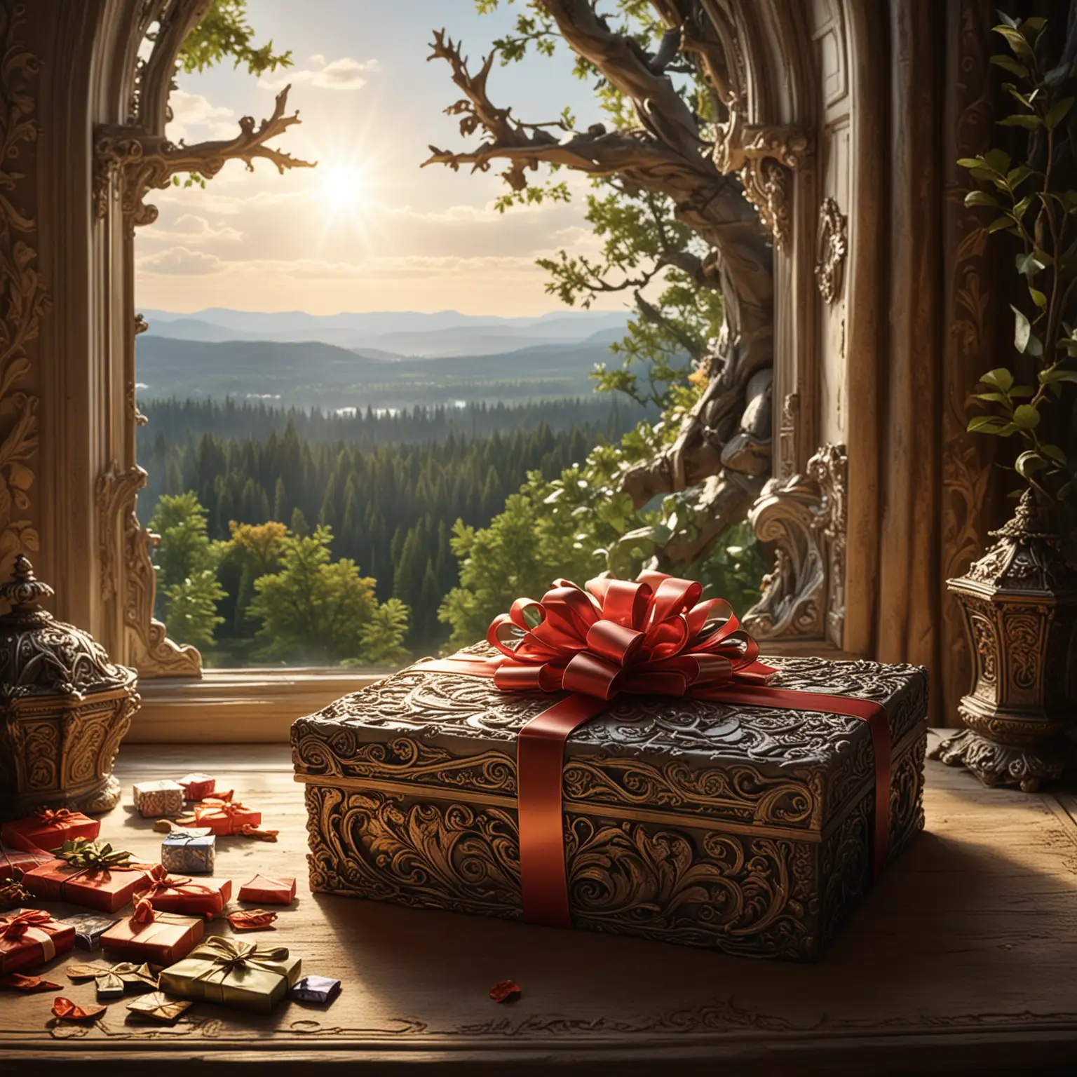 Mysterious Gift Display on Ornate Desktop with Forested Skyline Background