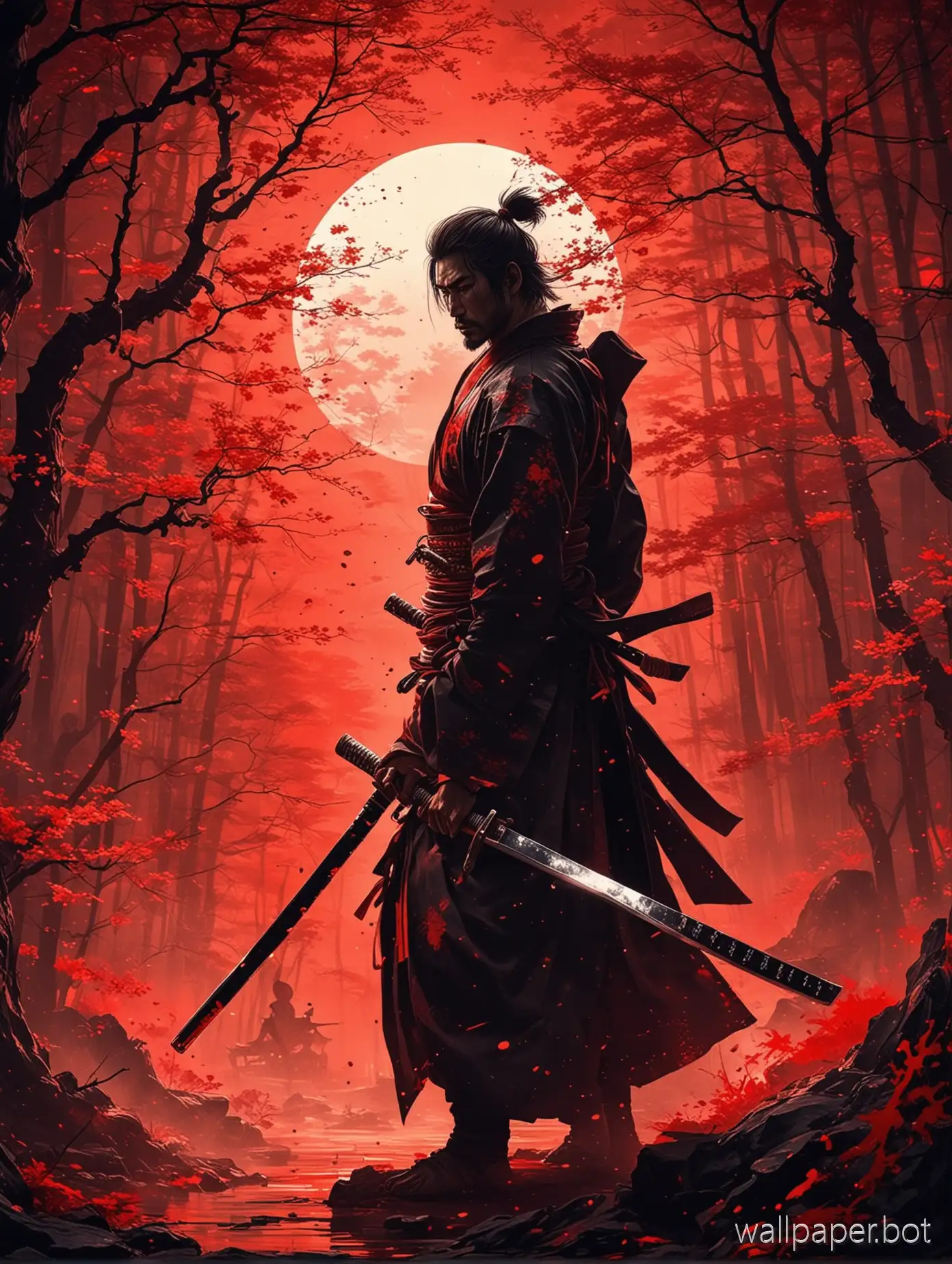 Create for me a wallpaper in Japanese art with a samurai and his katana with a glowing red effect