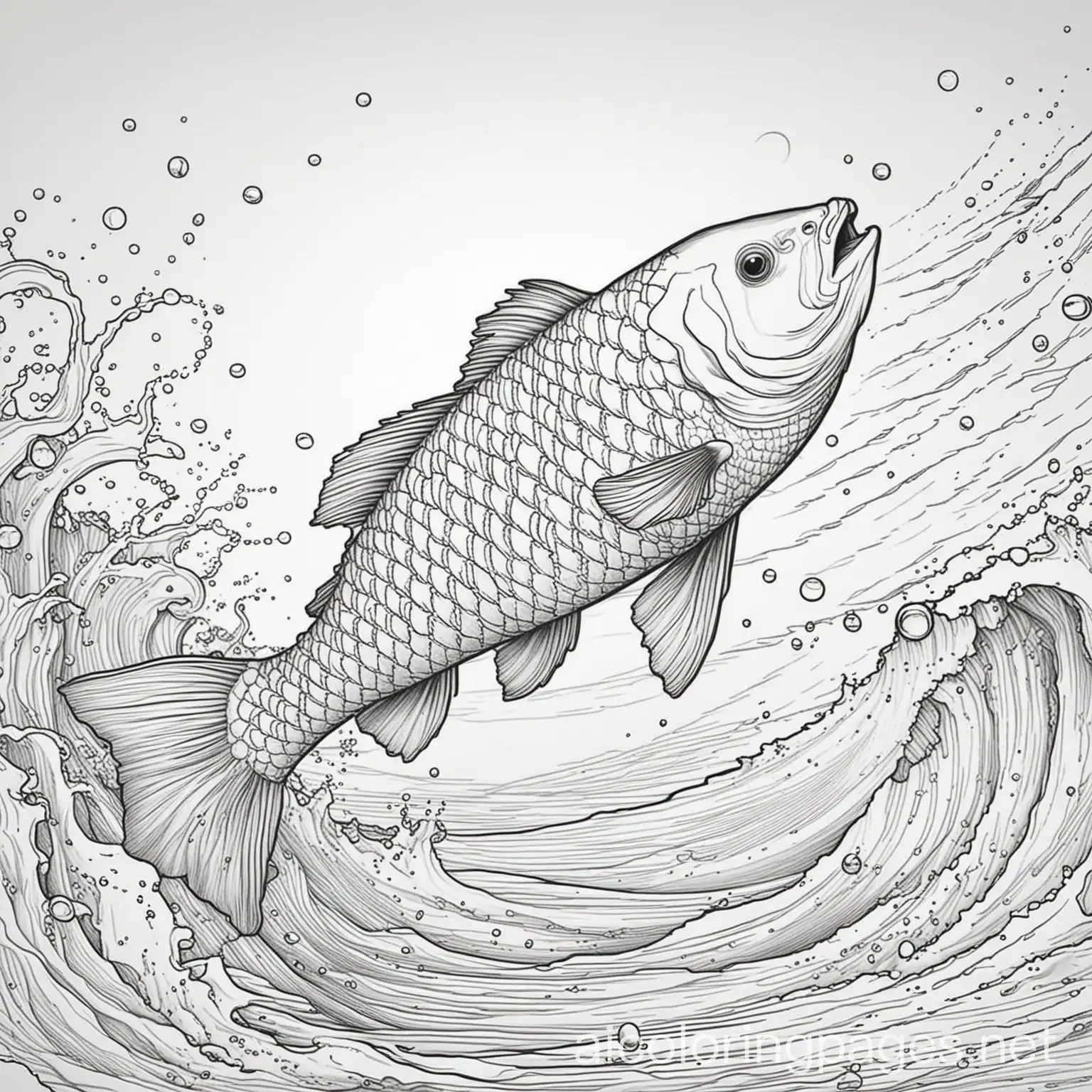 Carp-Fish-Jumping-Out-of-River-Line-Art-Coloring-Page