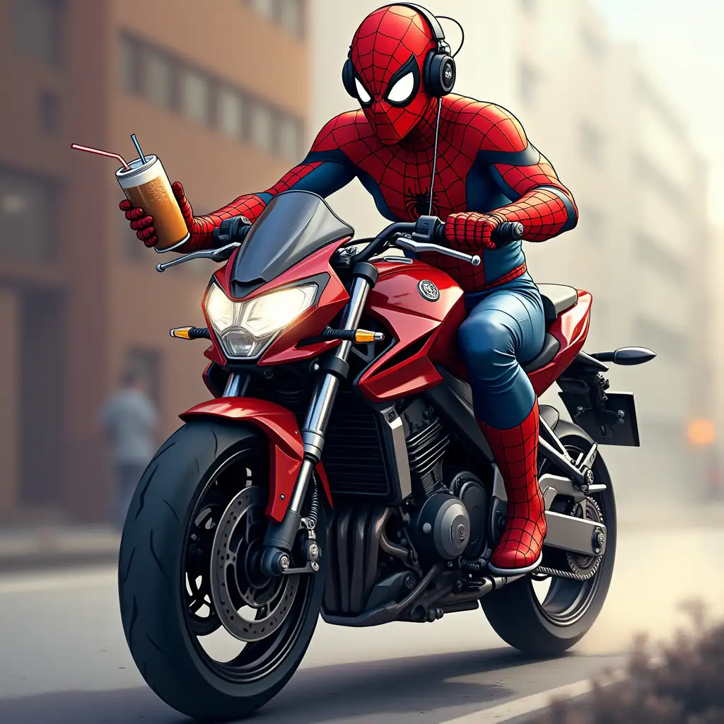 spider man riding a Kawasaki with his drink and waring a head phone