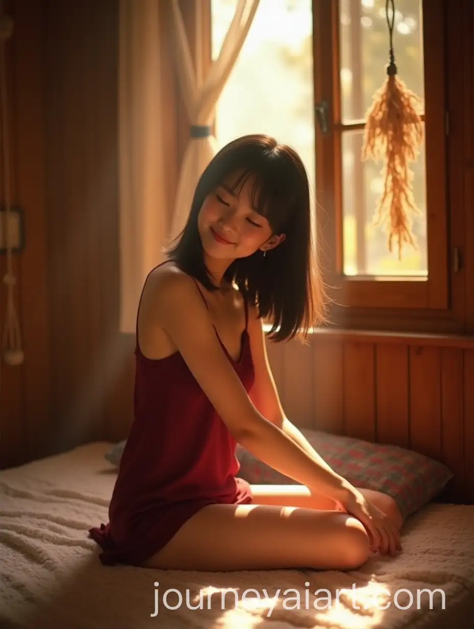 AI-Art-Prompt-ExpansionYoung-Woman-Stretching-in-Sunlit-Bedroom-with-Wooden-Decor-and-Dried-Plants