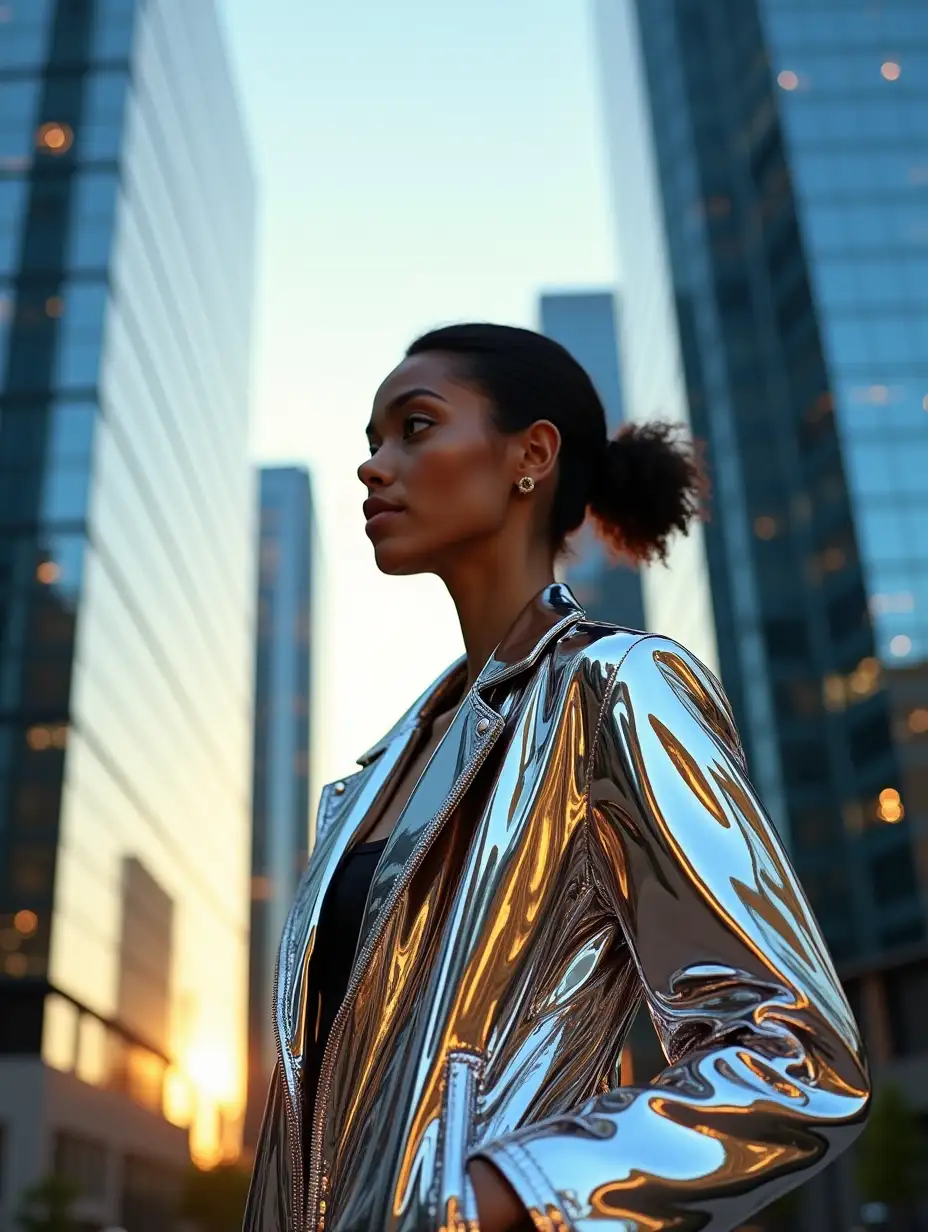 A contemporary urban scene featuring a European woman standing against a backdrop of sleek, reflective skyscrapers. The woman is wearing a stunning, mirrored jacket that catches and refracts the light, creating a dazzling array of reflections. The time of day is early evening, with a warm golden sunset illuminating the edges of the buildings and casting a gentle glow. The overall aesthetic is hyper-realistic, highlighting the contrast between the shiny surfaces of the jacket and the sleek glass of the skyscrapers. The color palette is composed of cool blues from the glass and warm golden tones from the sunset, creating a mesmerizing play of light and shadow. The composition is intended to evoke a sense of modernity and elegance, highlighting the individual in an urban environment.