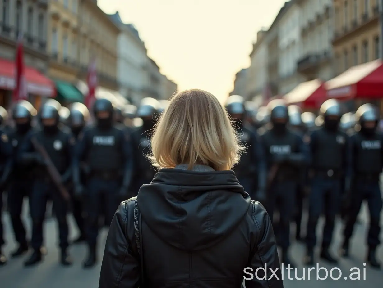 Modern Revolution action panorama scene with blond short haired lady on the barricades in front of riot police