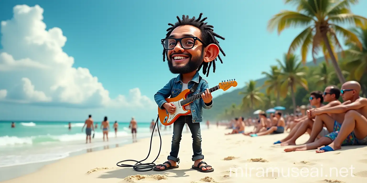 Indonesian Man with Dreadlocks Playing Electric Guitar on Beach