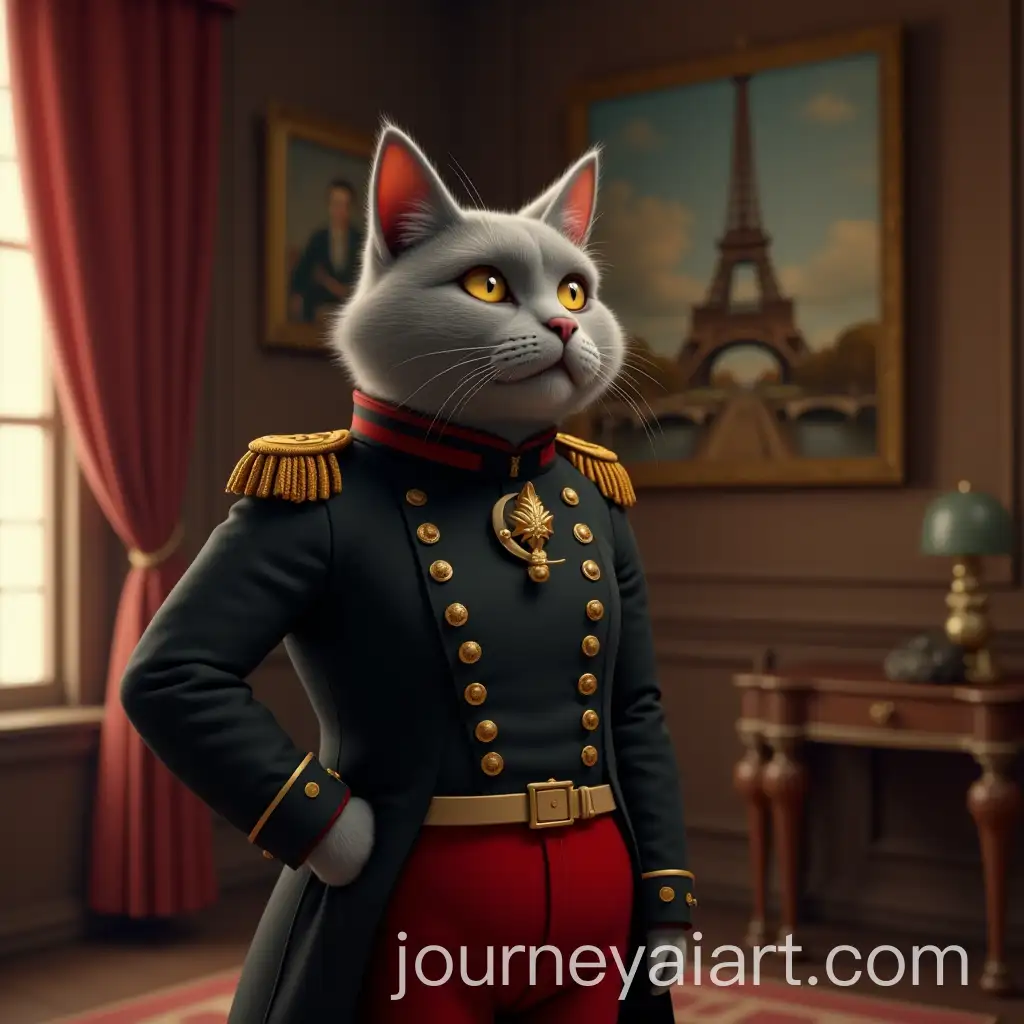 GreyAI-Art-Prompt-Expansion-Cat-in-Military-Uniform-Admiring-French-Historical-Art-in-Elegant-Room