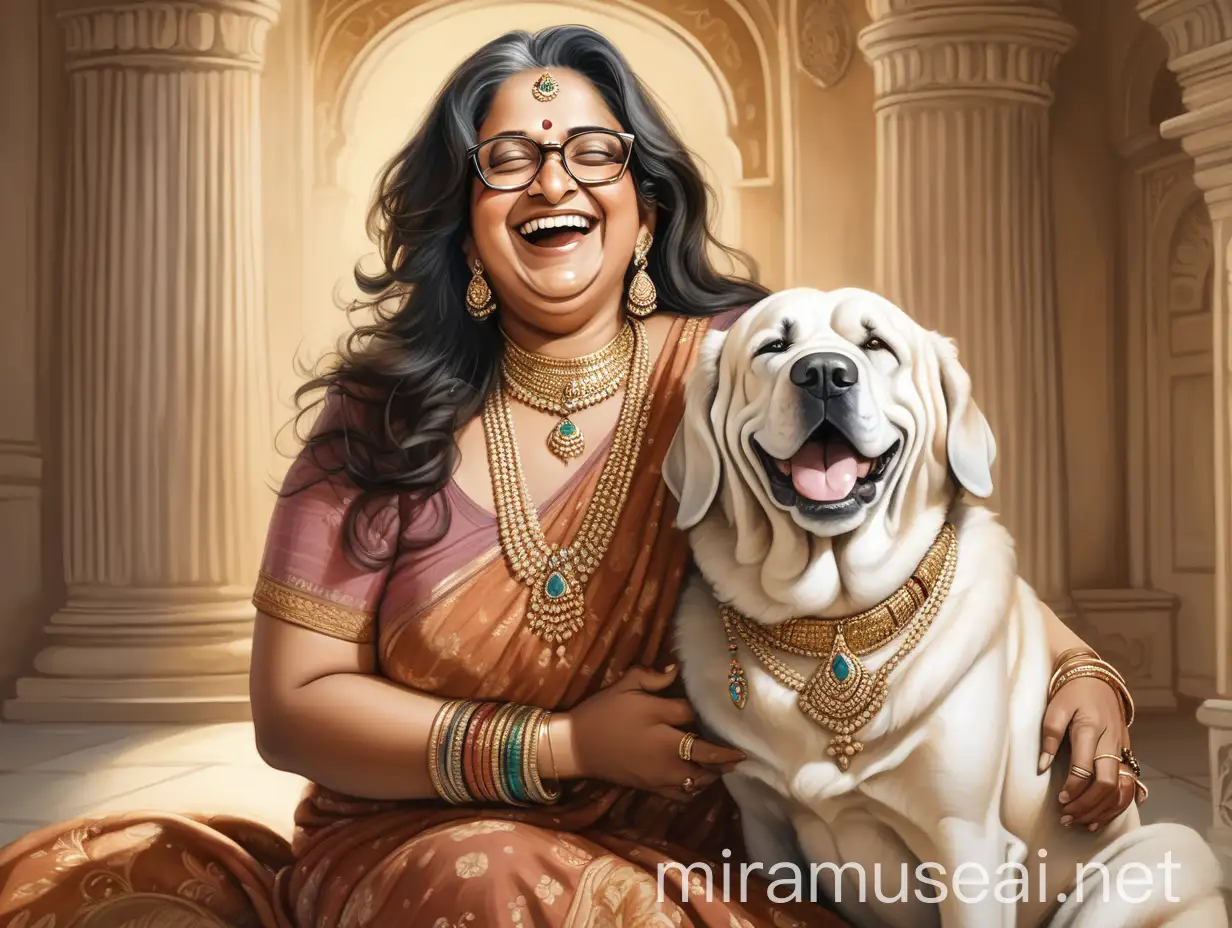 Joyful Indian Woman in Traditional Attire with a Large Dog in a Palace