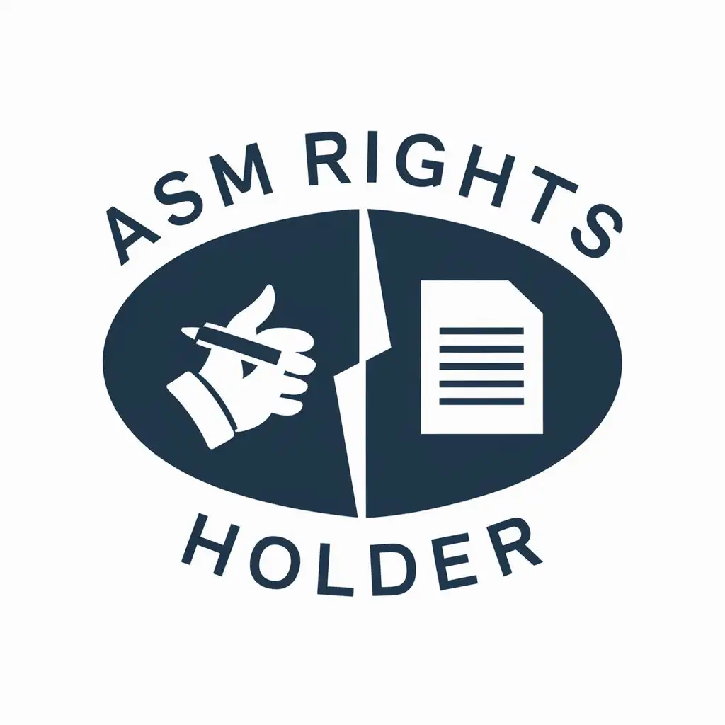 a vector logo design,with the text "ASM Rights Holder", main symbol:Blue oval, divided into two parts with a hand on one side holding a pen, and on the other side a sheet of paper. Without background,Moderate,clear background