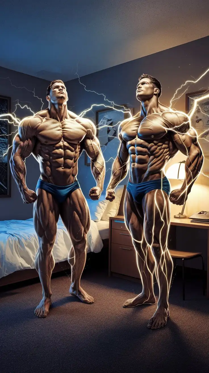 In a dorm room at night. Two powerfully muscled, hugely ripped, pumped 27-year-old bodybuilder musclegods with awesome superpowers stand reverently as luminous golden energy and electricity course within their muscles, transforming them into superheroes. Photorealistic.