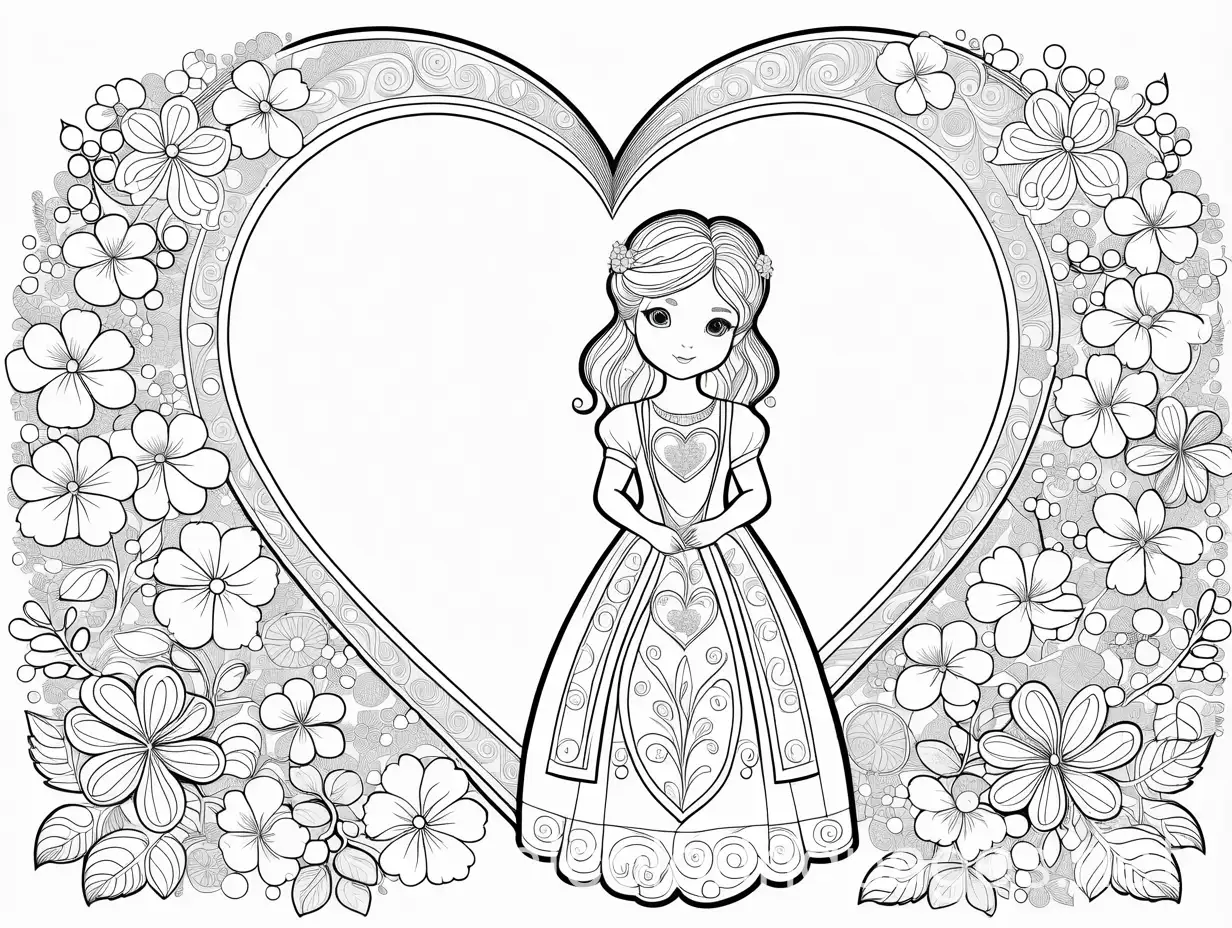 irish girl in pretty dress standing inside a heart covered in flowers, Coloring Page, black and white, line art, white background, Simplicity, Ample White Space. The background of the coloring page is plain white to make it easy for young children to color within the lines. The outlines of all the subjects are easy to distinguish, making it simple for kids to color without too much difficulty