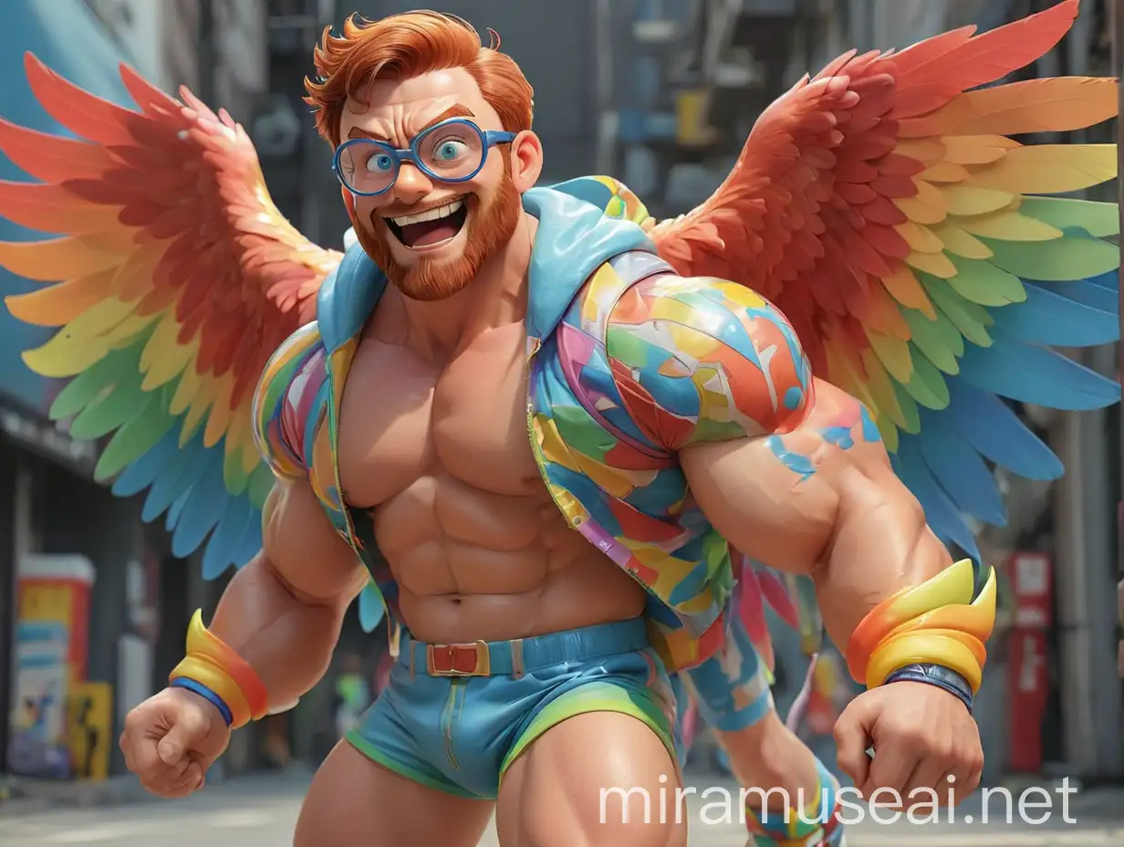 Muscular Bodybuilder Dad Flexing with RainbowColored Eagle Wings Jacket