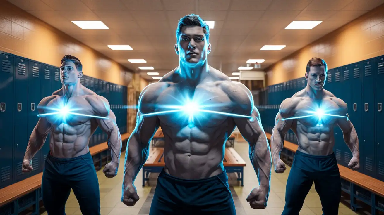 Three-Superhuman-Muscle-Men-in-Locker-Room-with-Luminous-Blue-Power