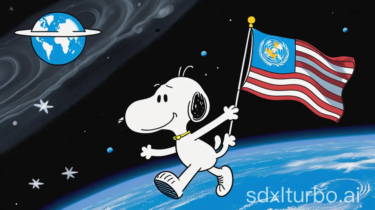 SnoopyAlien-Hybrid-Flying-in-Space-with-UN-Flag