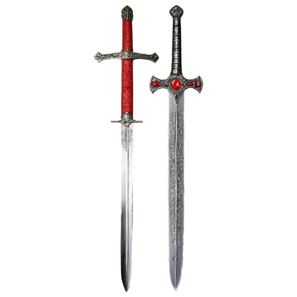 Medieval sword with a ruby in the center and chromed blade inscribed with letters in Aramaic