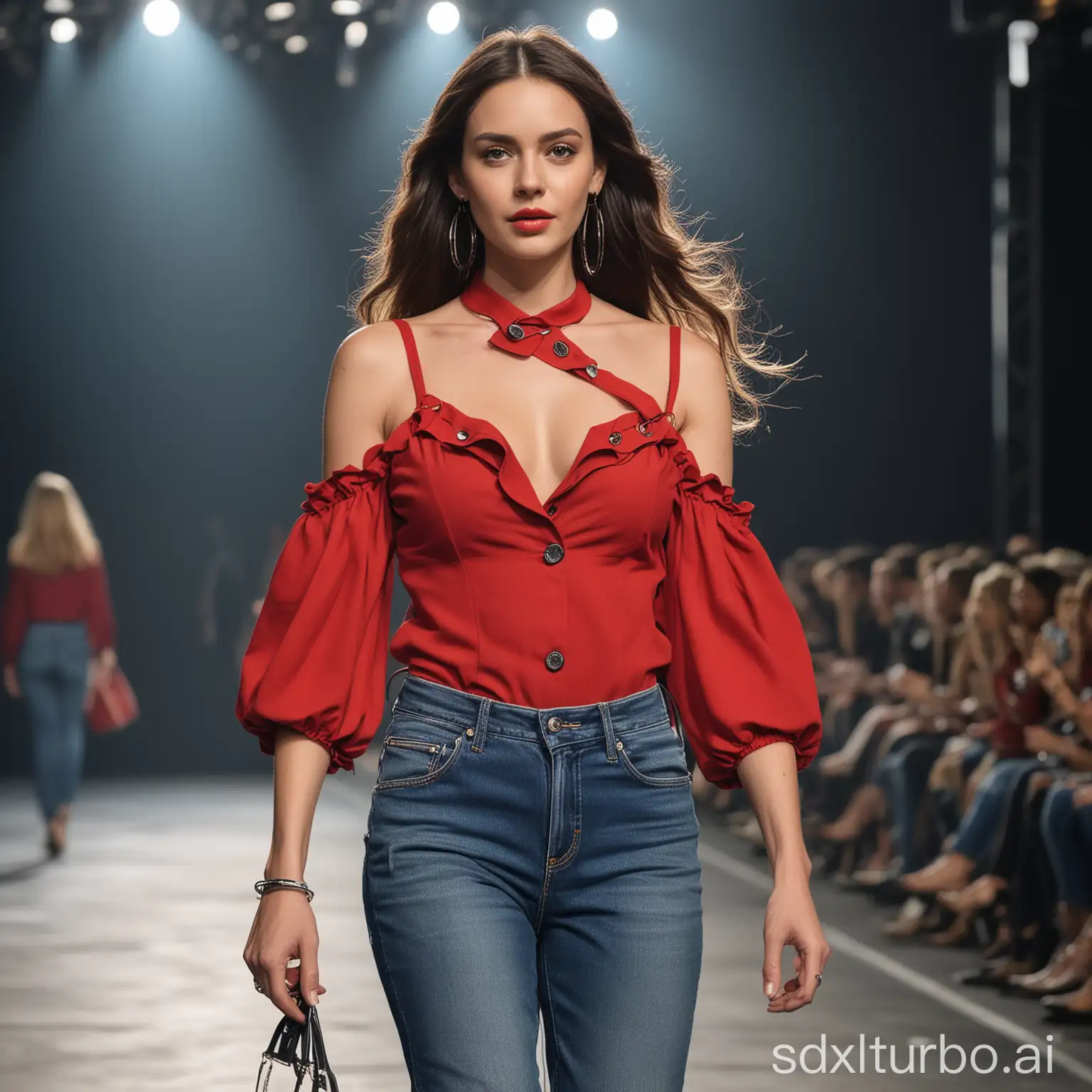 A confident woman walking on a fashion runway, wearing a stylish red blouse with unique shoulder cutout design and high-waisted blue jeans. She has long, flowing hair, large hoop earrings, and is carrying a shoulder bag. The background is a dark, elegant stage. The overall vibe is fashionable and modern.
