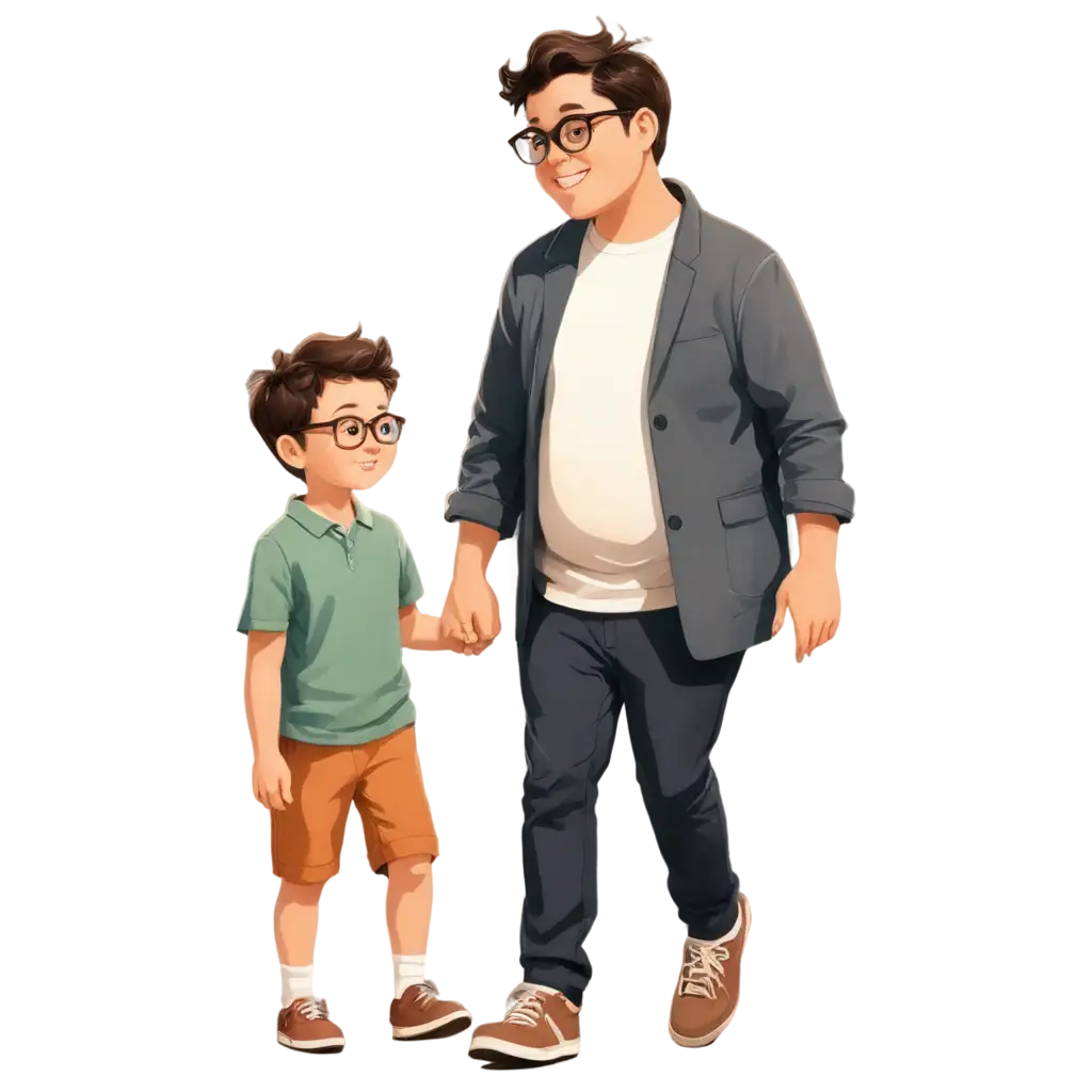 PNG-Image-of-a-Small-Boy-Walking-HandinHand-with-His-Slightly-Chubby-Father-in-Glasses-Heartwarming-Cartoon-Art