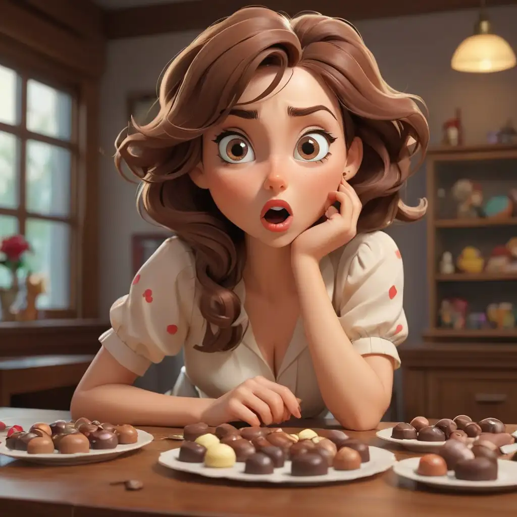 Cartoon-Woman-Peeking-at-Chocolates-on-Table